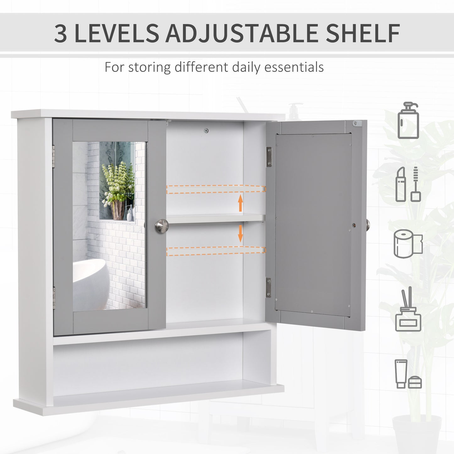 kleankin Bathroom Mirror Cabinet, Wall Mounted with Double Mirrored Doors, Hanging Cabinet with Cupboard and Shelf, Wall Storage Organizer, Grey