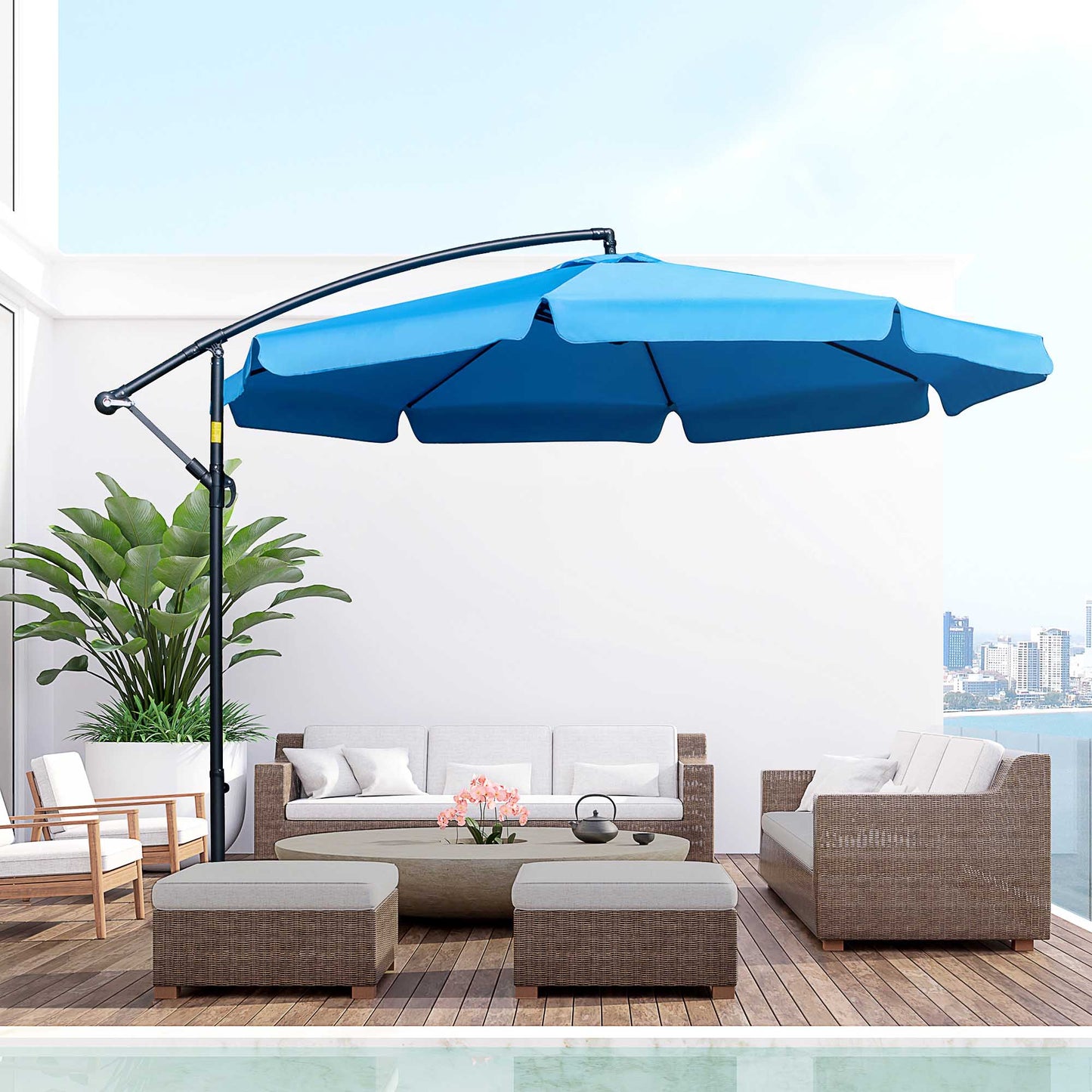 11FT Offset Hanging Patio Umbrella Cantilever Umbrella with Easy Tilt Adjustment, Cross Base and 8 Ribs for Backyard, Poolside, Lawn and Garden, Blue