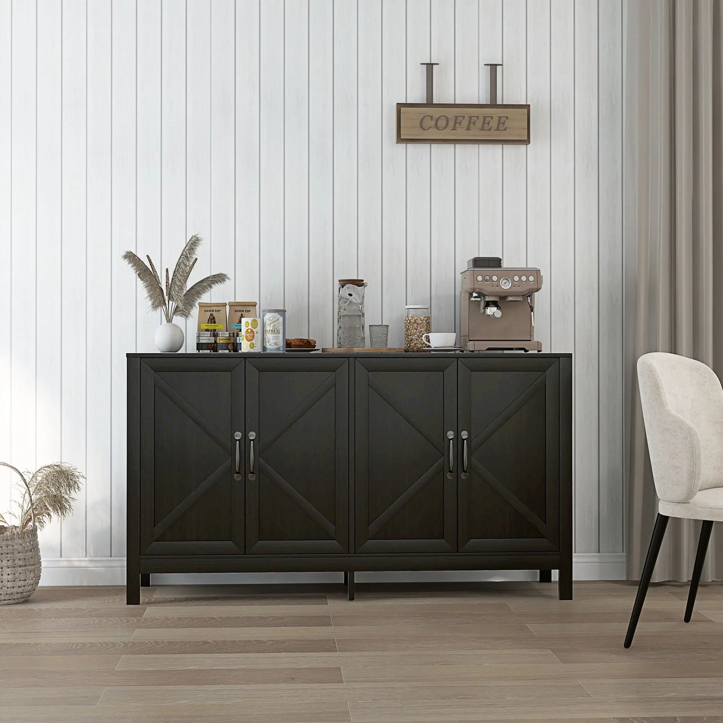 Sideboard Buffet with Barn Door and Adjustable Shelf in Black