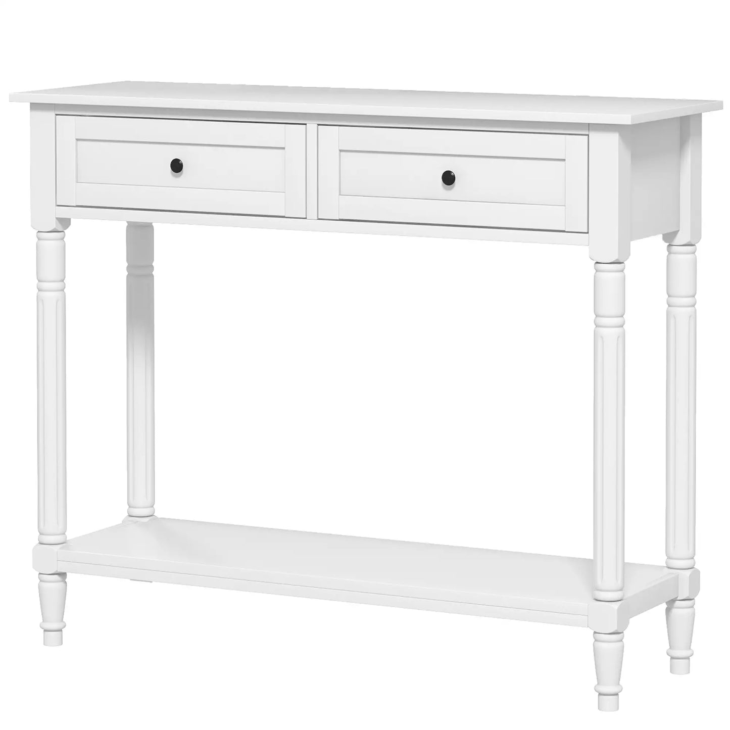 Modern Entryway Table with 2 Drawers, Storage Shelf and Turned Legs in white