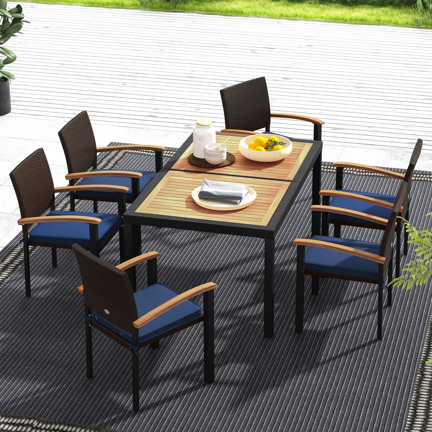 7 Pcs PE Rattan Patio Dining Set w/ Acacia Wood Table Top Soft Cushions, in Black