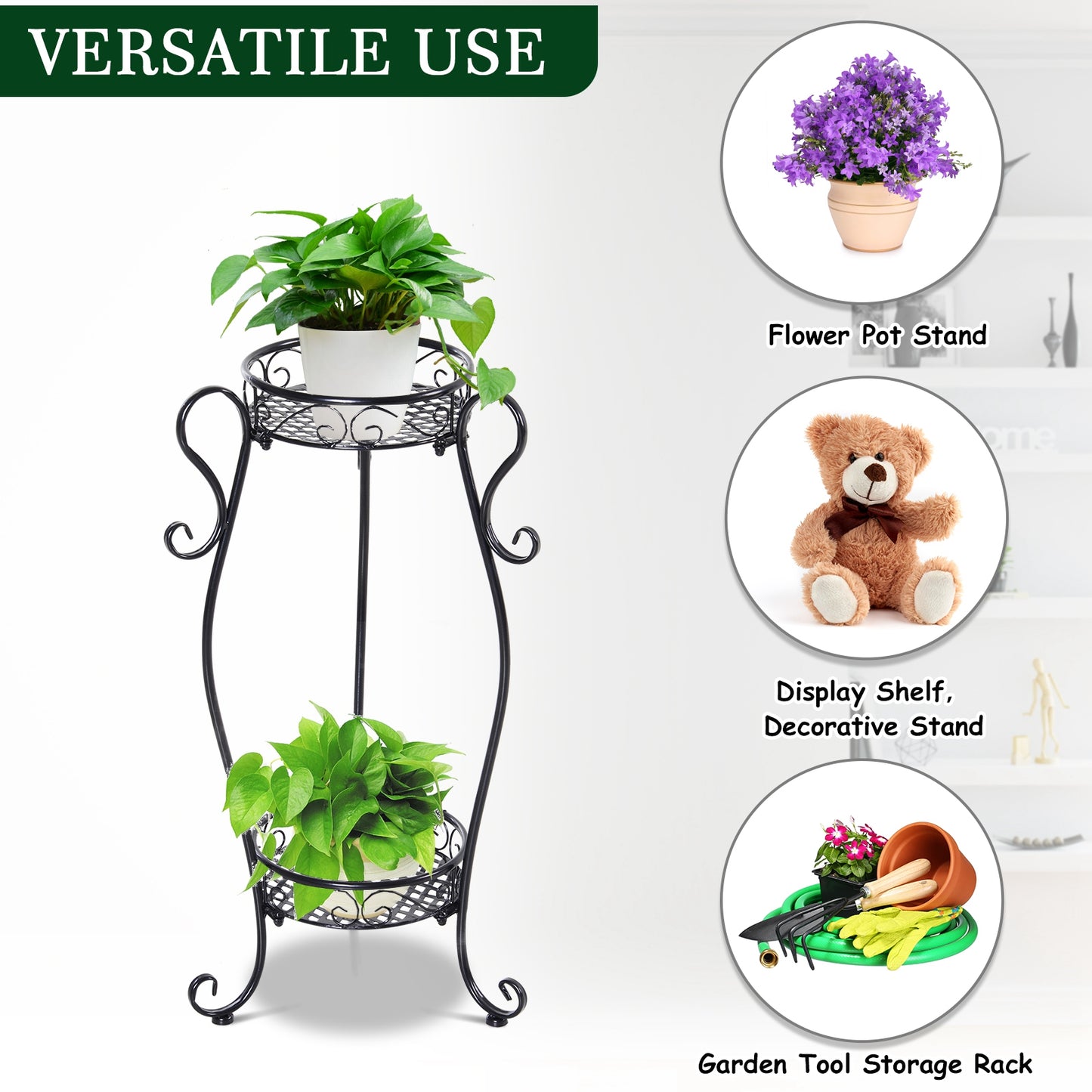 2 Shelf Flower Pot Stand 2-Tier Freestanding Plant Display Rack Indoor Outdoor Metal Easy to clean porch, patio, backyard