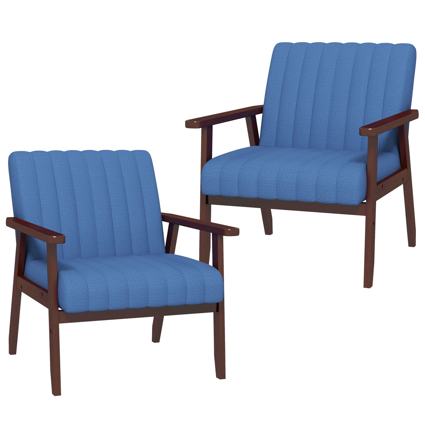 Set of 2 Modern Upholstered Armchairs with Wooden Legs and Tufting Design, in Blue