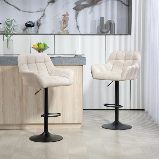 Swivel Barstools Set of 2 Adjustable, Footrest Armrests and PU Leather Back in Cream White