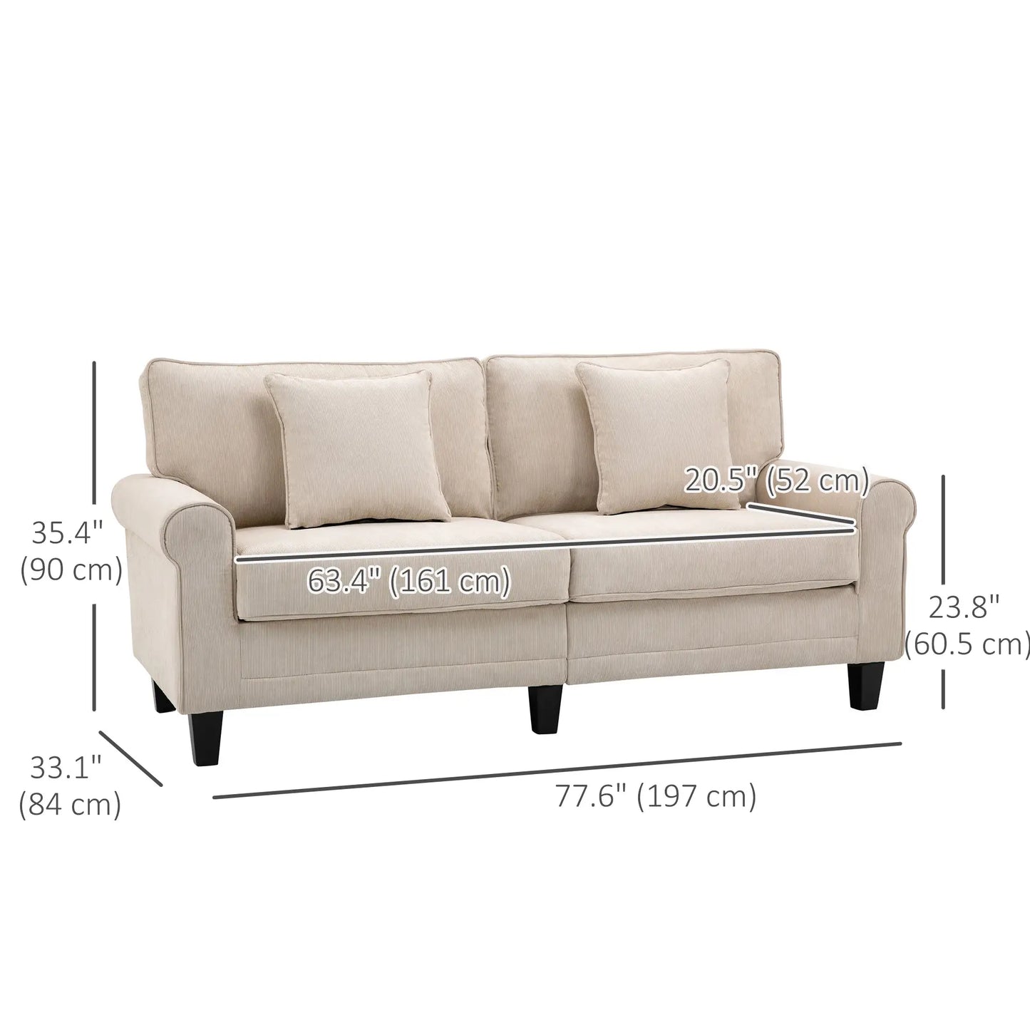 Corduroy Fabric 3 Seater Couch with Pine Wood Legs and Rolled Armrests for Living Room, Beige