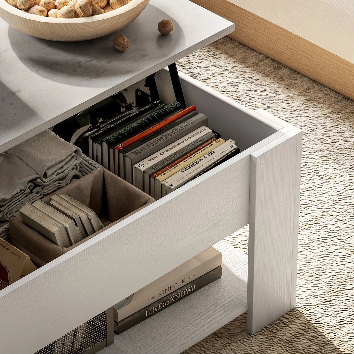 Lift Top Coffee Table with Hidden Storage Compartment and Open Shelf, White