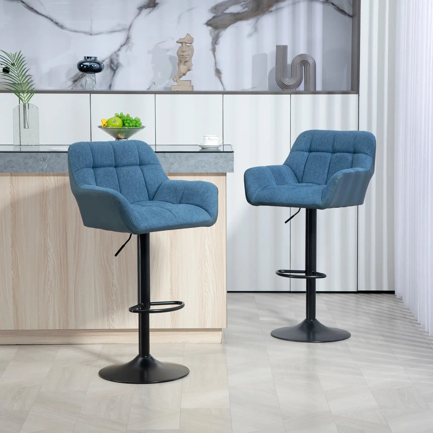 Swivel Barstools Set of 2 Adjustable, Footrest Armrests and PU Leather Back in Dark Blue