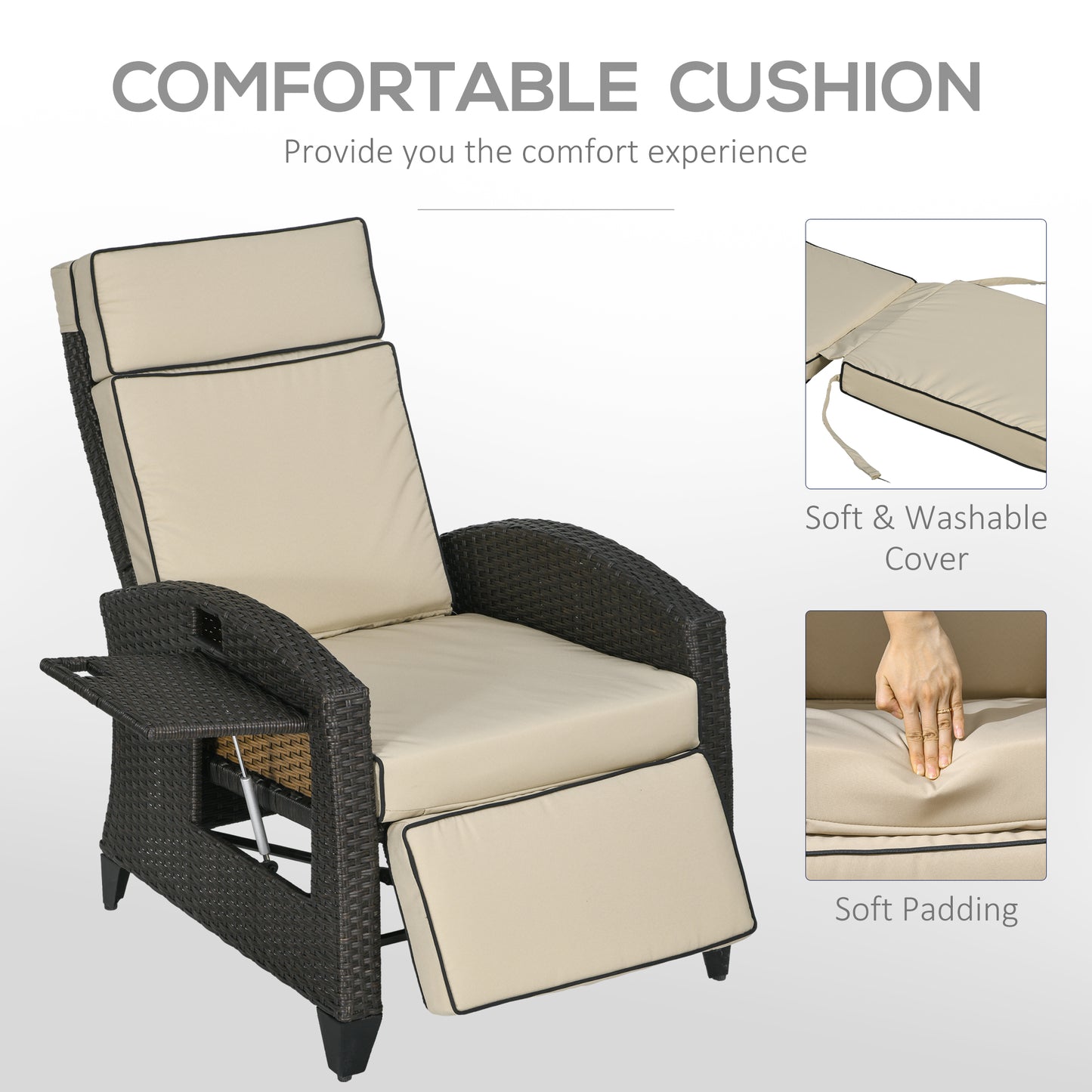 Outdoor Recliner Chair with Adjustable Backrest, Cushion, Side Tray, Khaki