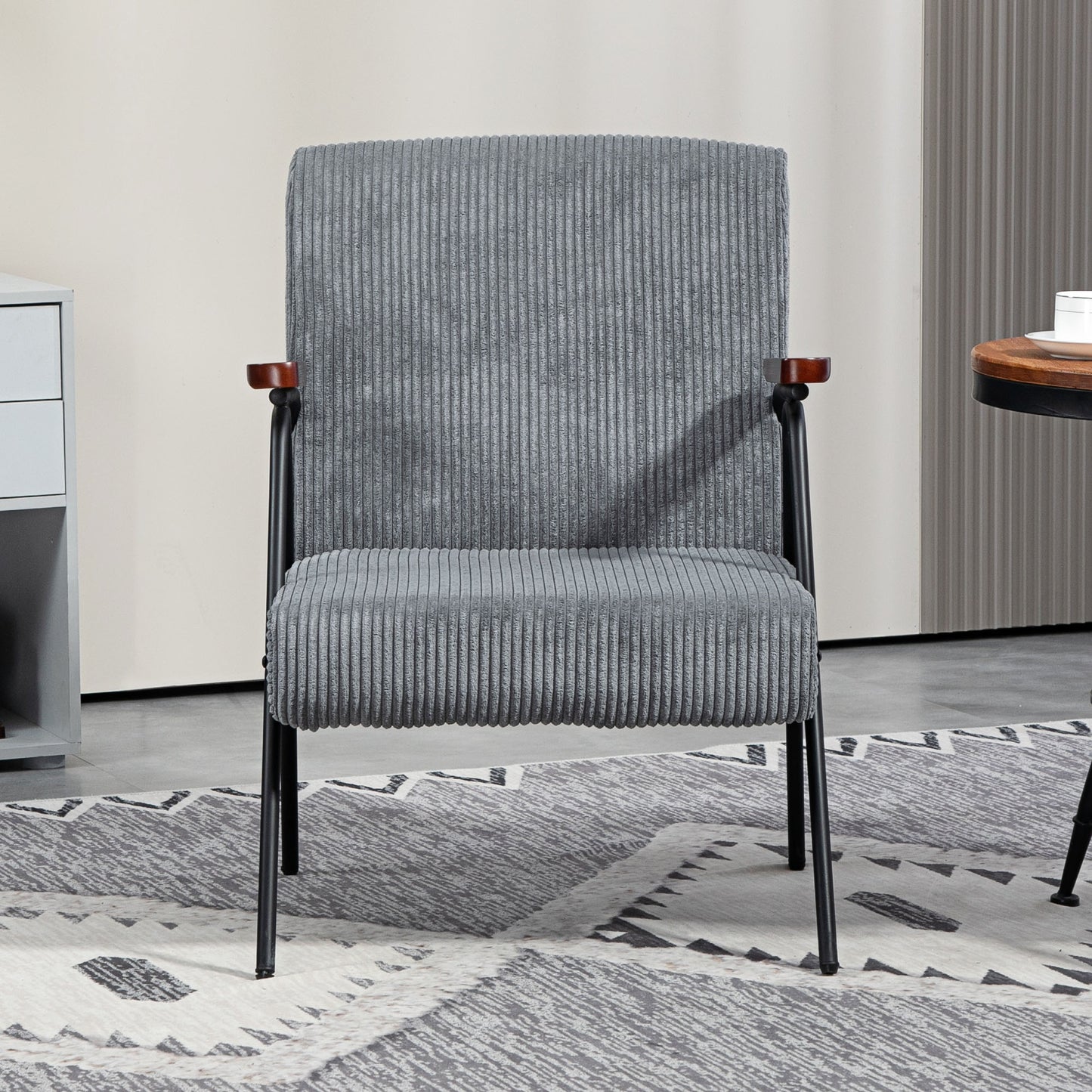 Modern Armchair, Upholstered Corduroy Accent Chair with Wood Arms and Steel Frame in white