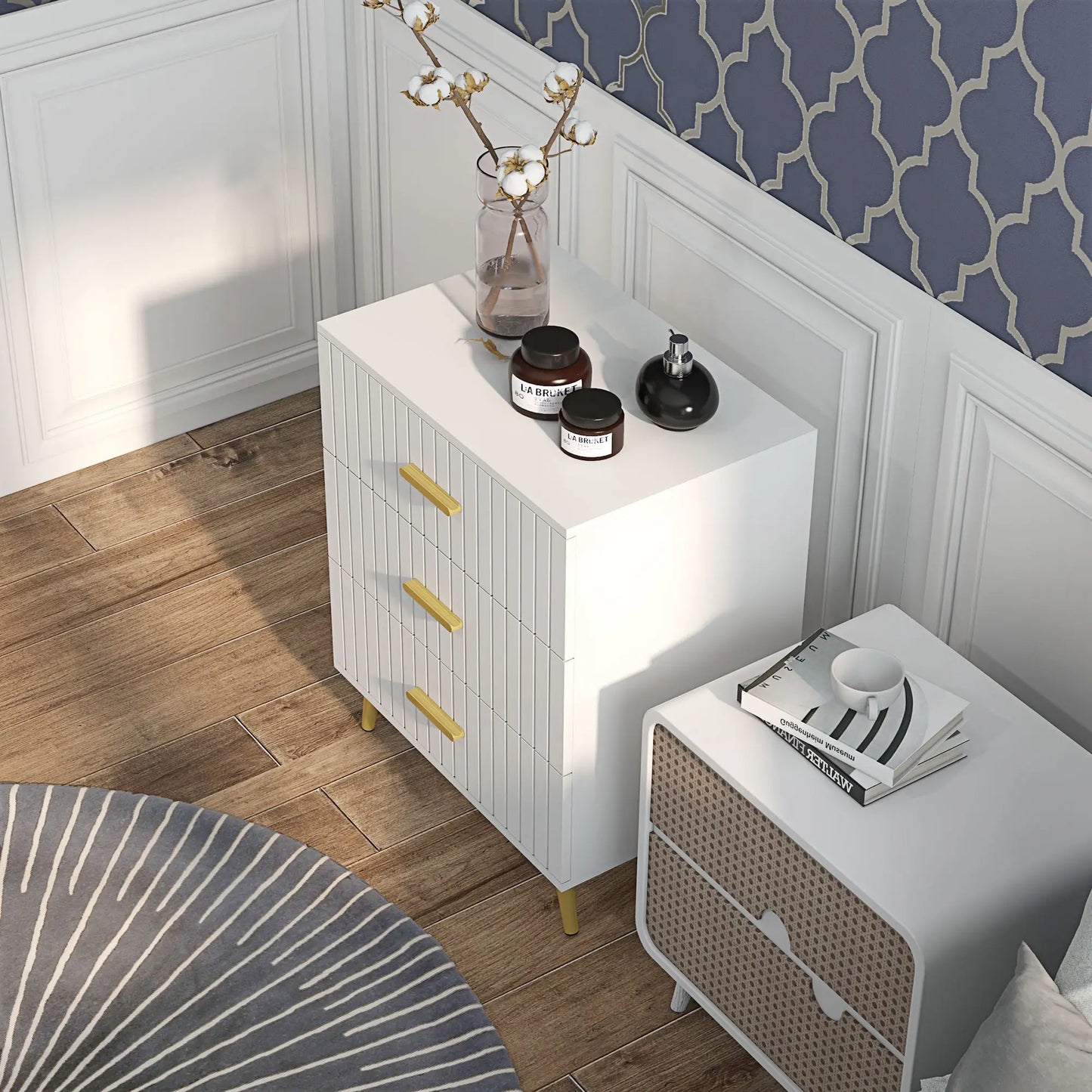 3 Drawer Drawer Chest with Aluminium Legs and Gold Handles, in White