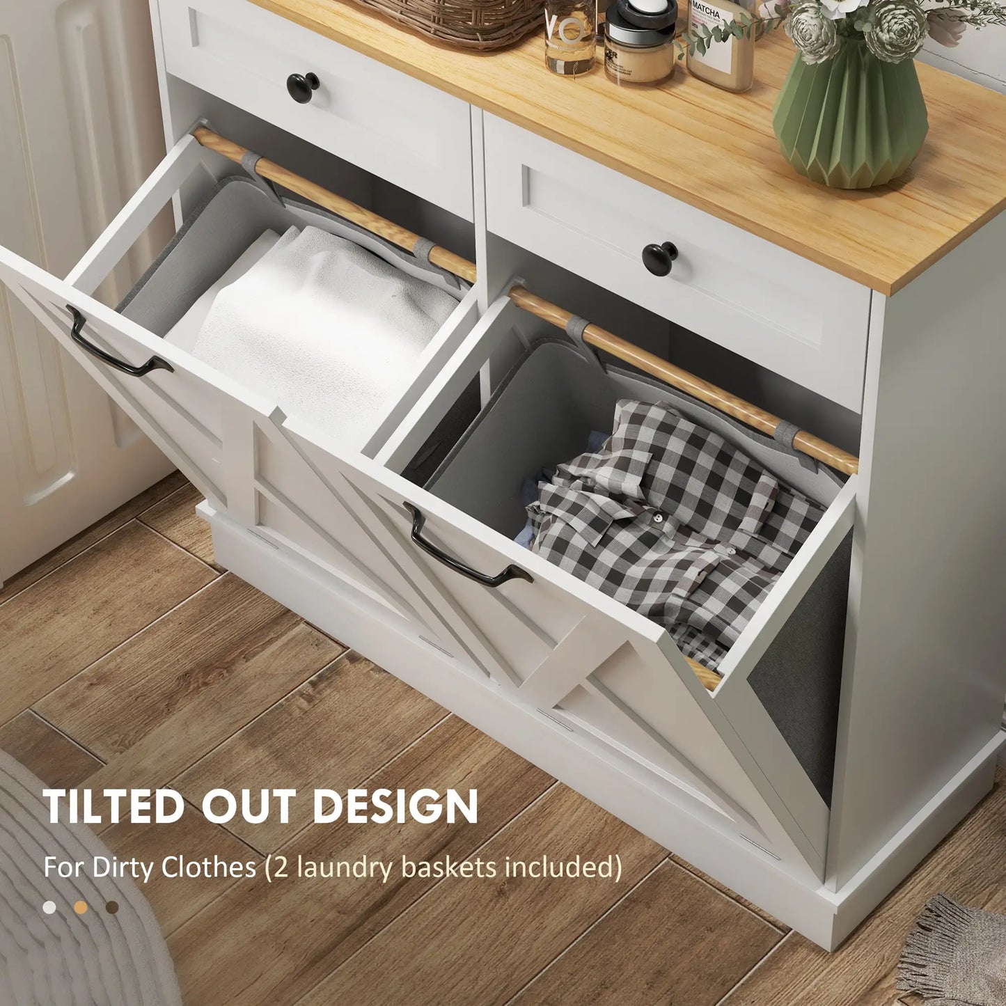 Tilt Out Laundry Cabinet, Bathroom Storage Cabinet with 2 Removable Baskets and 2 Drawers, White