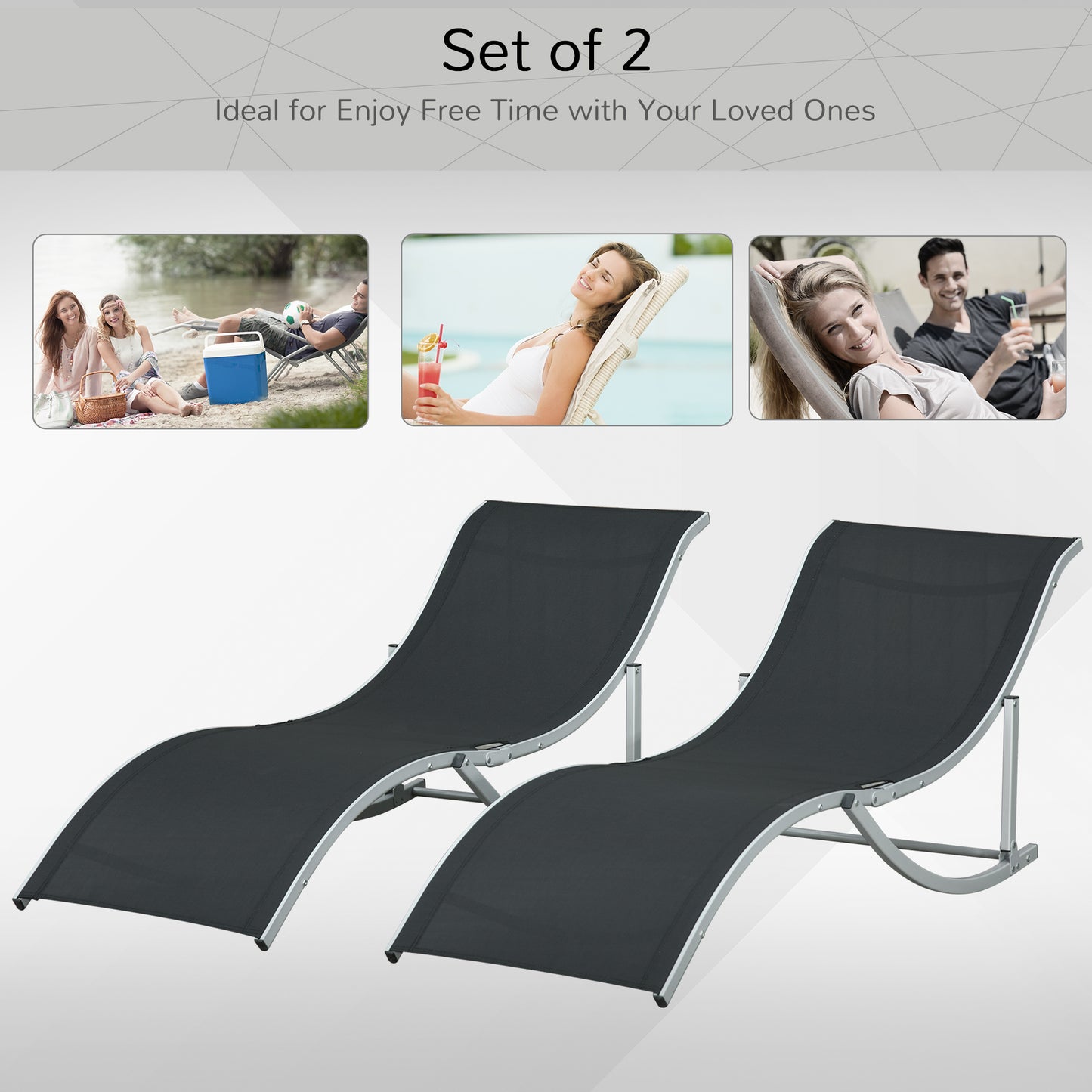 Outsunny Pool Chaise Lounge Chairs Set of 2, S-shaped Foldable Outdoor Chaise Lounge Chair Reclining for Patio Beach Garden With 264lbs Weight Capacity, Black