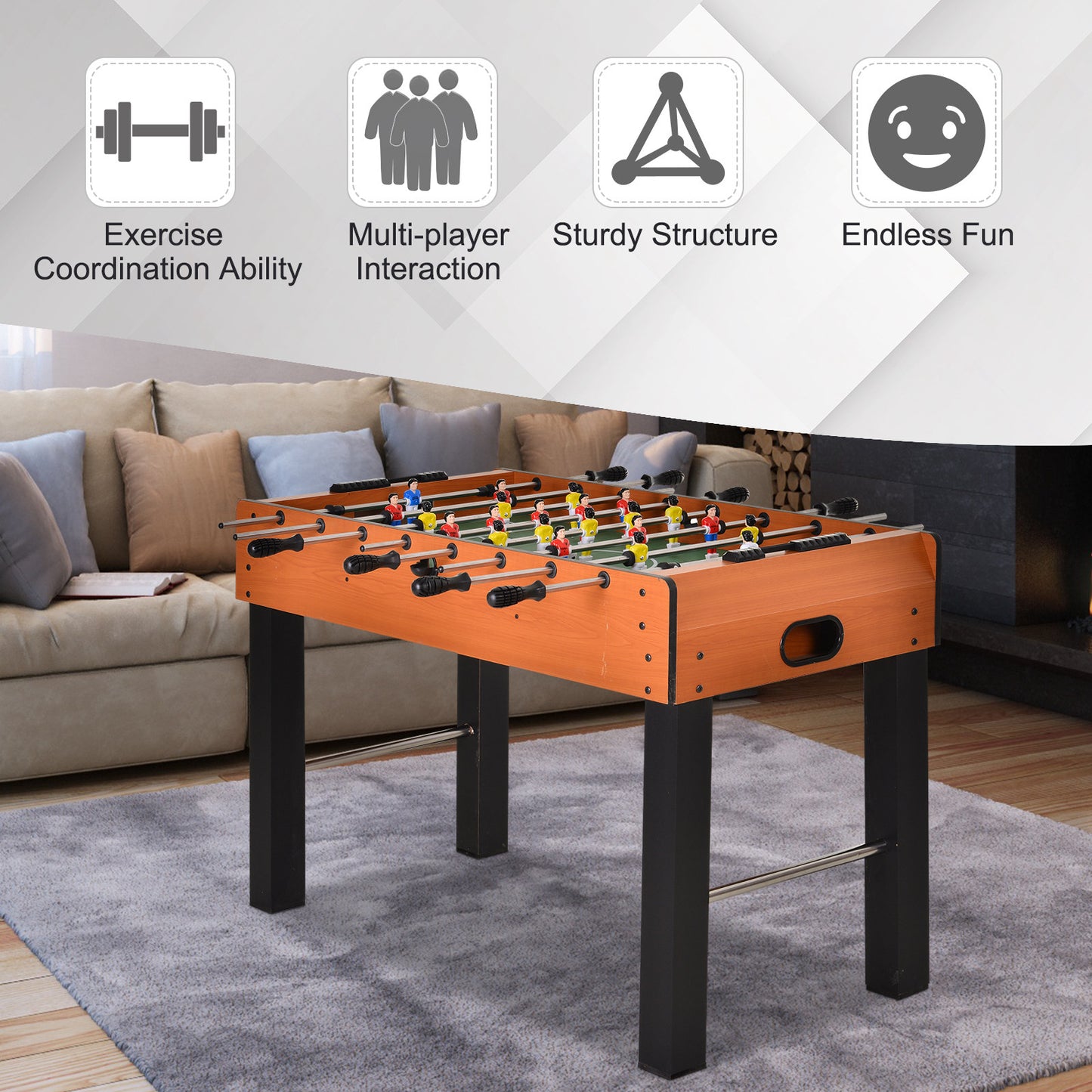 Foosball Table, 48'' Wooden Soccer Game Table, w/ 8 Rods, 2 Balls Suit for 4 Players Perfect for Arcades, Pub, Game Room