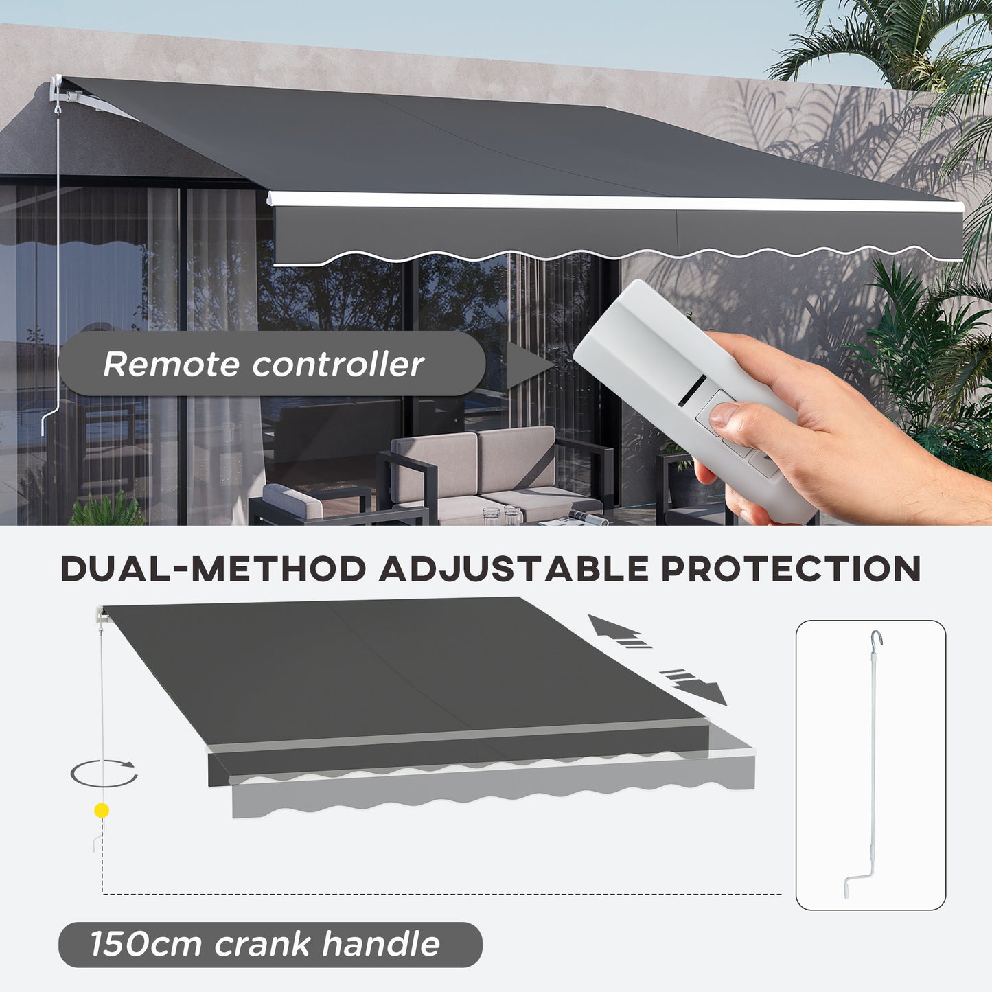 Outsunny 12'x10' Electric Retractable Awning, UV Protection Sun Shade Shelter w/ Remote Controller for Deck Balcony Yard, Grey