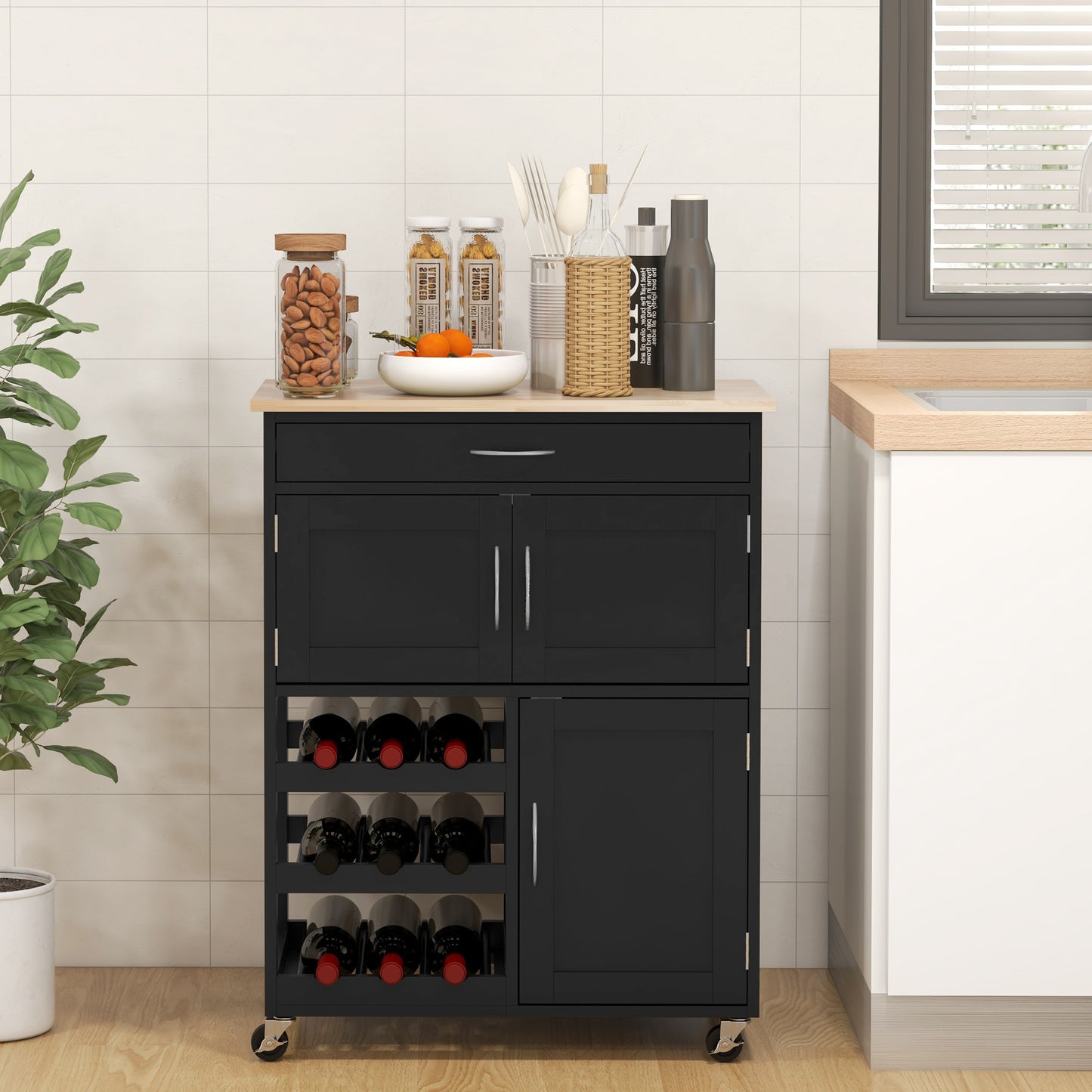 Rolling Kitchen Cart, Kitchen Island with Storage Drawer, 9-bottle Wine Rack, Door Cabinets, Wooden Countertop, Black