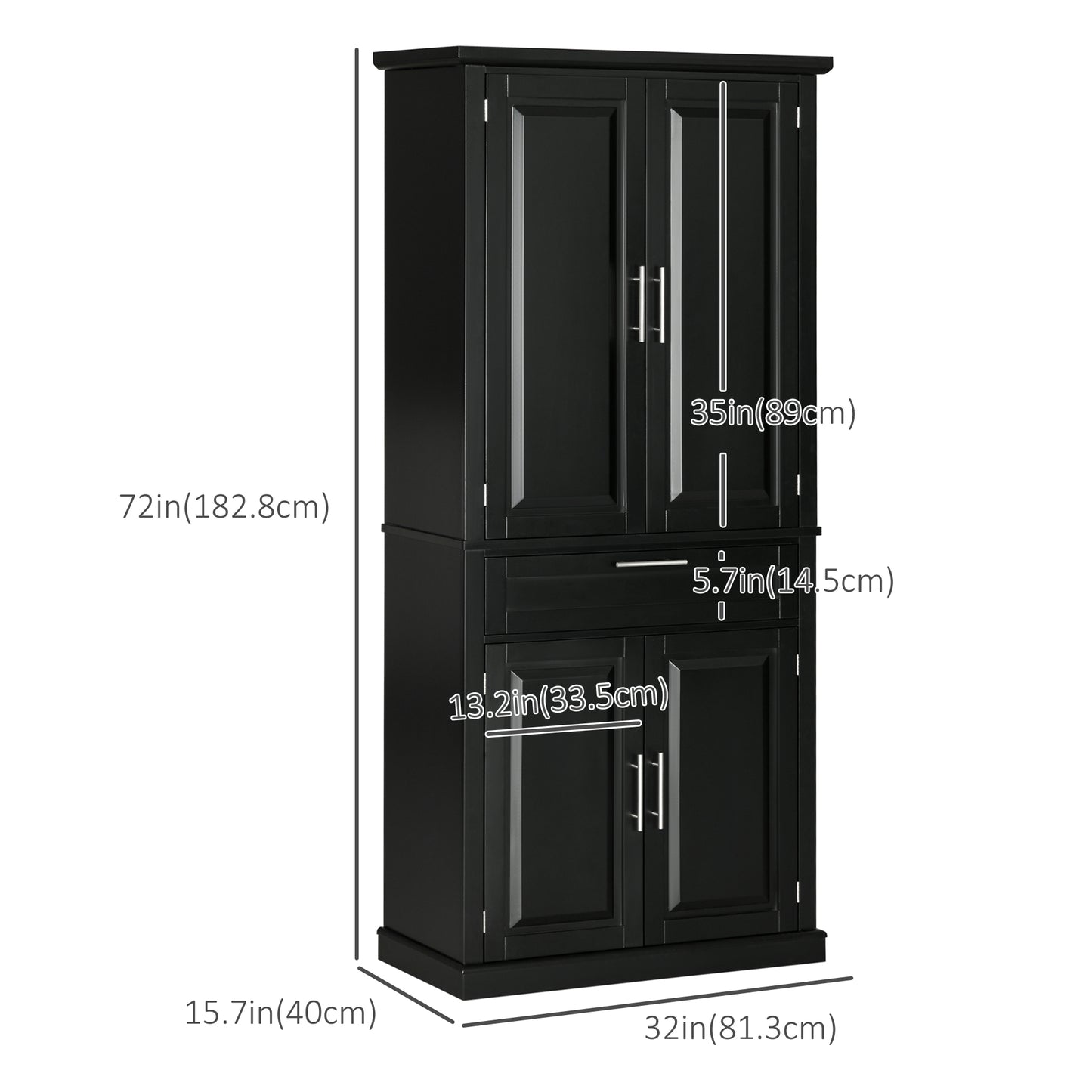 72" Kitchen Pantry Cabinet, Freestanding Storage Cabinet, 4-Door Cupboard with Drawer and Adjustable Shelves, Black