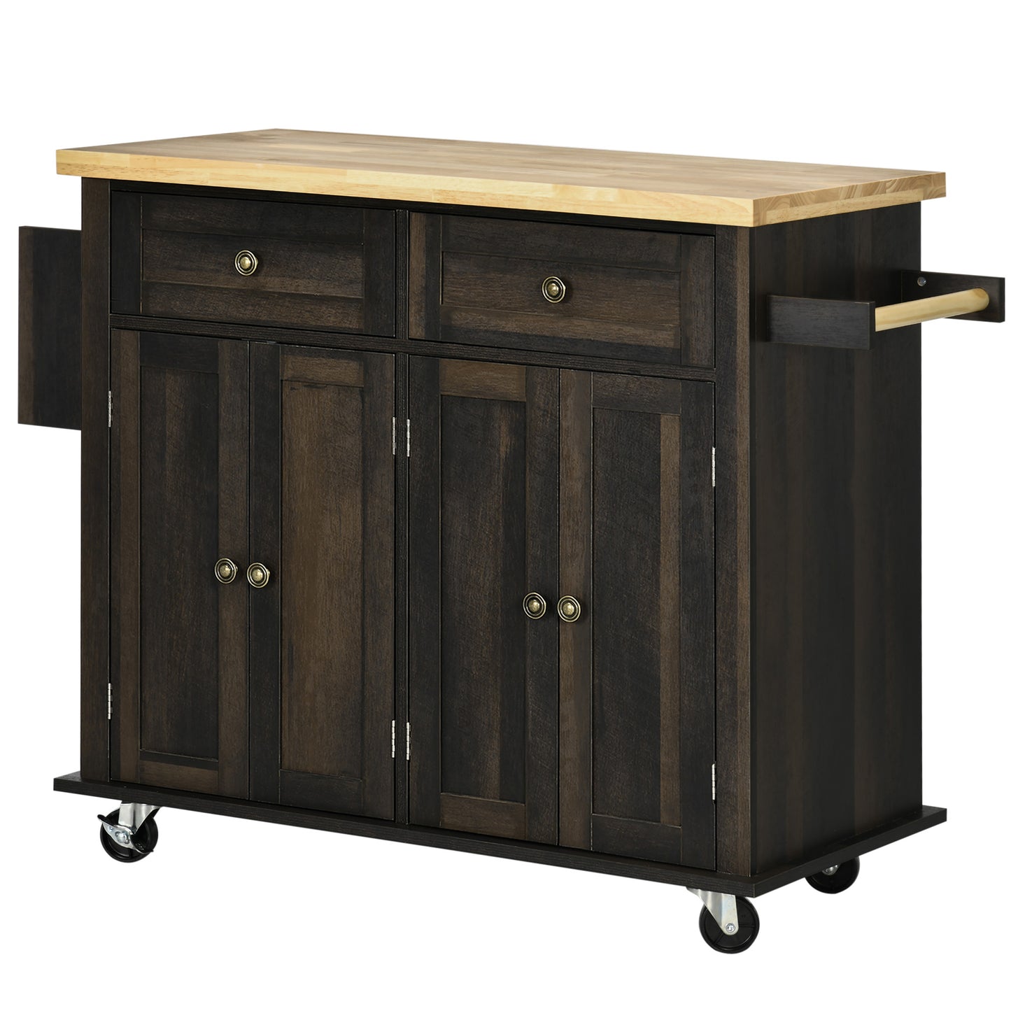 Rolling Kitchen Island with Storage, Trolley Cart with Rubber Wood Top, Spice Rack, Towel Rack, Brown Oak