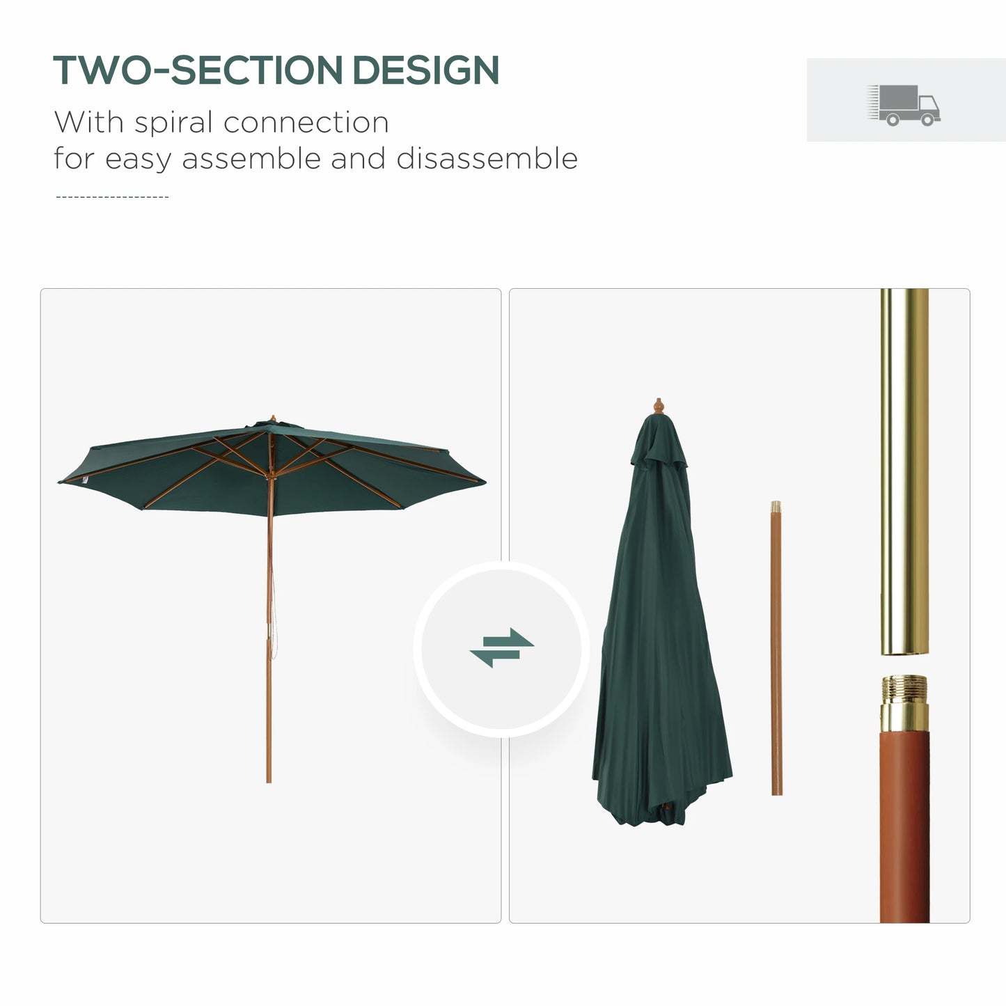 9' x 8' H Patio Umbrella, Market Umbrella with Hardwood Frame and Wind Vent, in Green