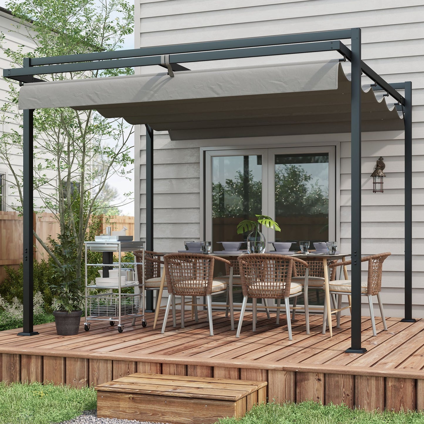 10' x 10' Retractable Pergola, Garden Gazebo Shade Shelter, for Grill, Patio, Deck, Dark Grey