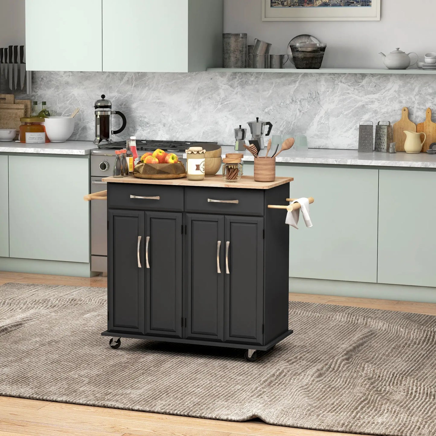 Kitchen Island on Wheels with Rubberwood Top, with 2 Drawers, 4 Doors and Adjustable Shelves