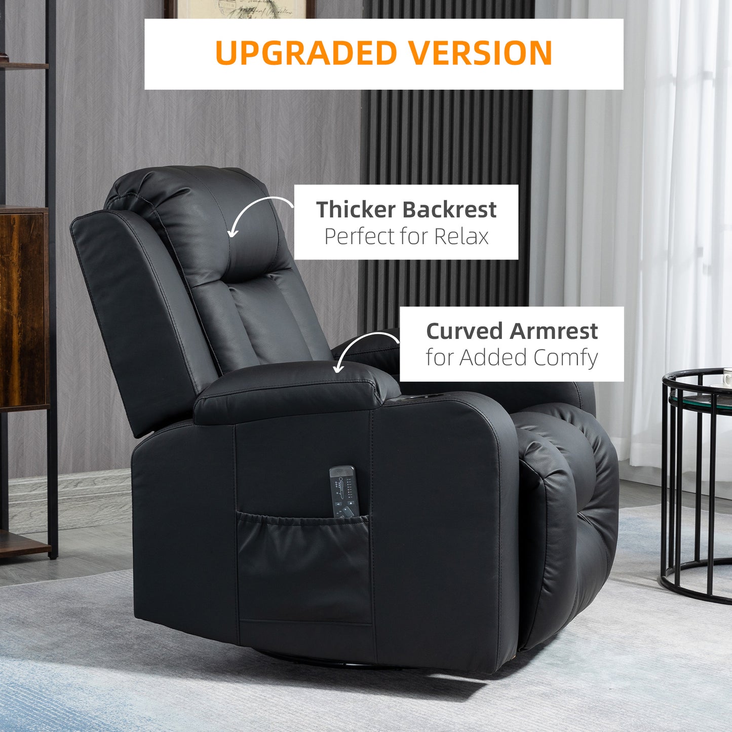 Massage Recliner Chair for Living Room with 8 Vibration Points, PU Leather Reclining Chair with Cup Holders, Swivel Base, Rocking Function, Black