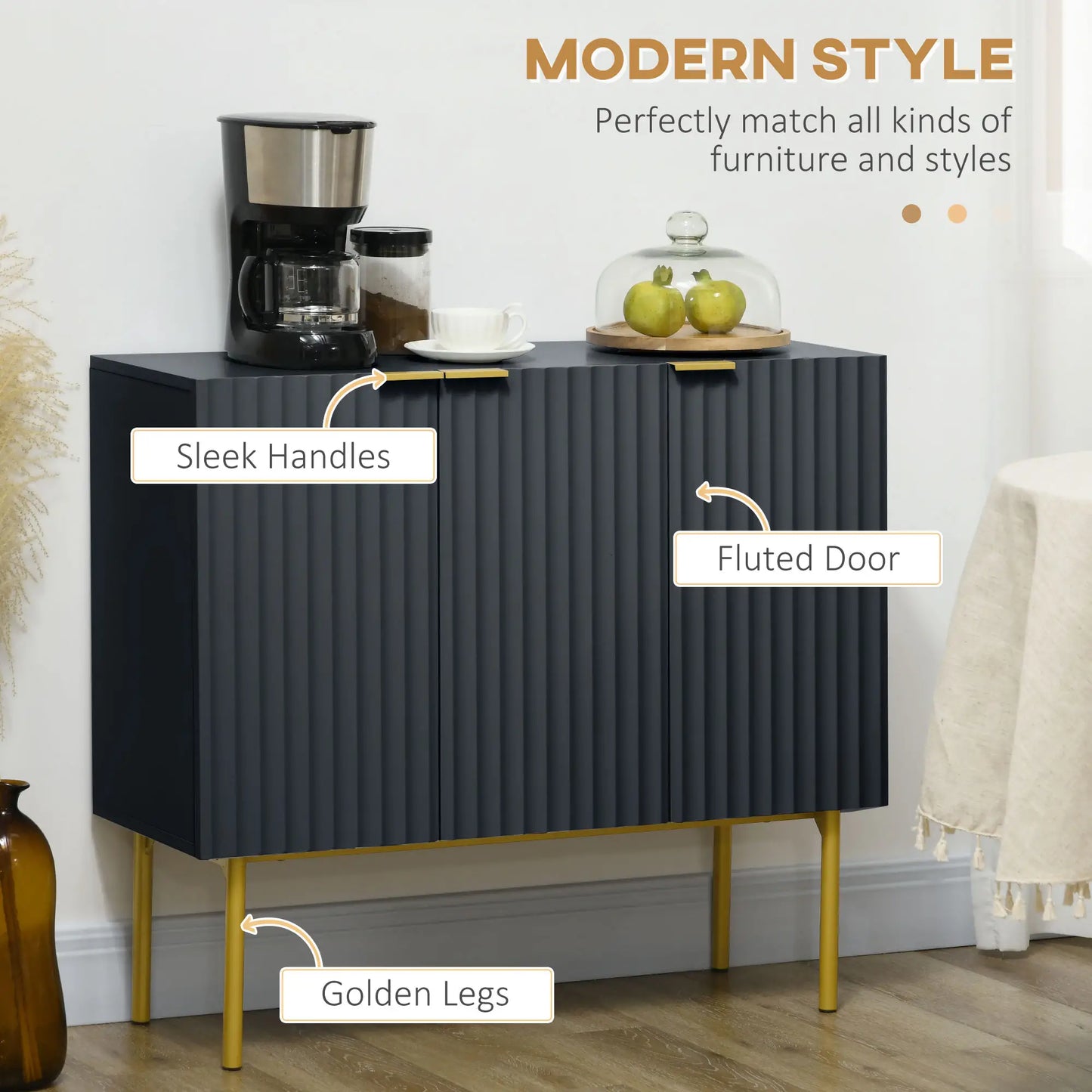 Modern Storage Cabinet Sideboard Buffet Cabinet with Gold Legs for Living Room or Dining Room or Hallway in Black