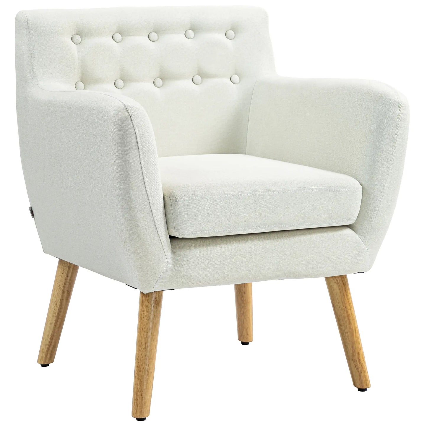 Mid-Century Modern Accent Chair with Wood Frame and Thick Padding, Cream White