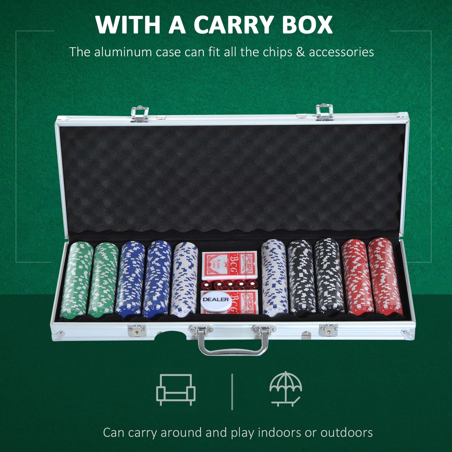 High Quality 11.5 gram Poker Chips Set with Silver Aluminum Case, 500 Striped Dice 2 Decks of Cards