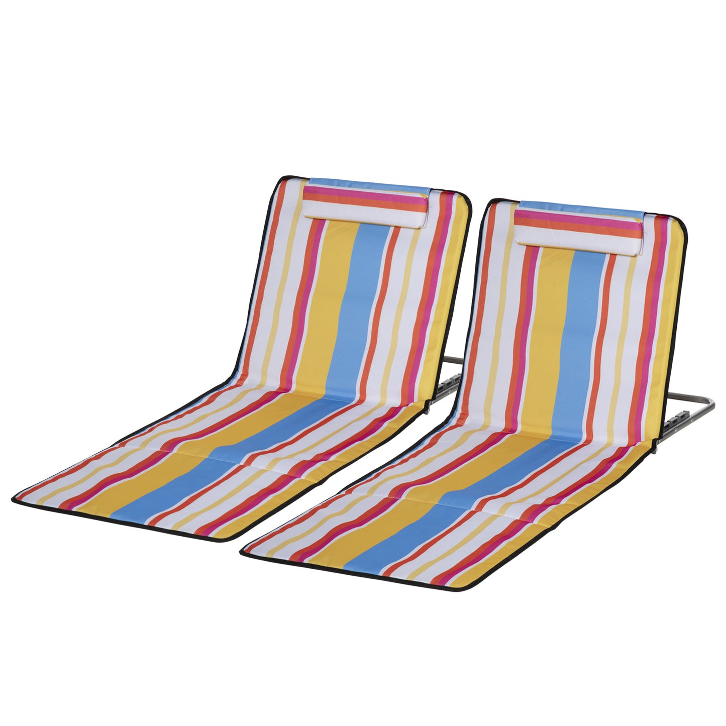 Set of 2 Beach Lounge Chair Sun Lounger Beach Mat, Padded Folding Ground Mat Lounge Chair w/Adjustable Back, Steel Frame, Head Pillow and Carry Bag for Backyard Lakeside, Colorful Stripes