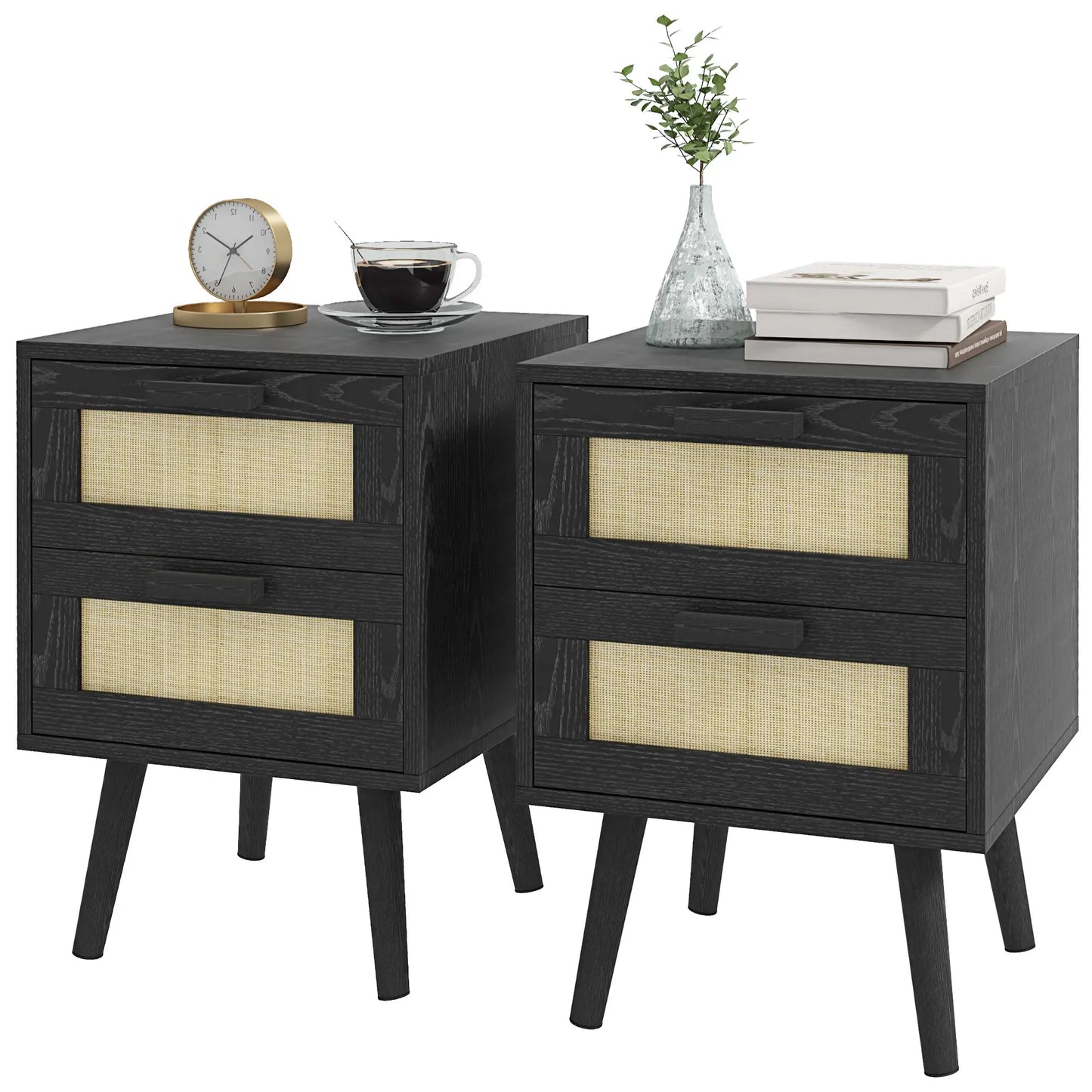 Boho Nightstands Set of 2 with 2 Drawers in Black