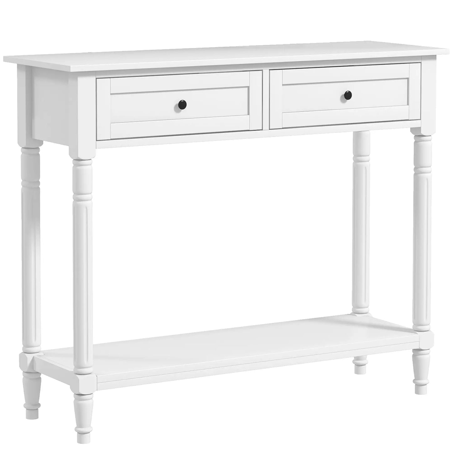 Modern Entryway Table with 2 Drawers, Storage Shelf and Turned Legs in white