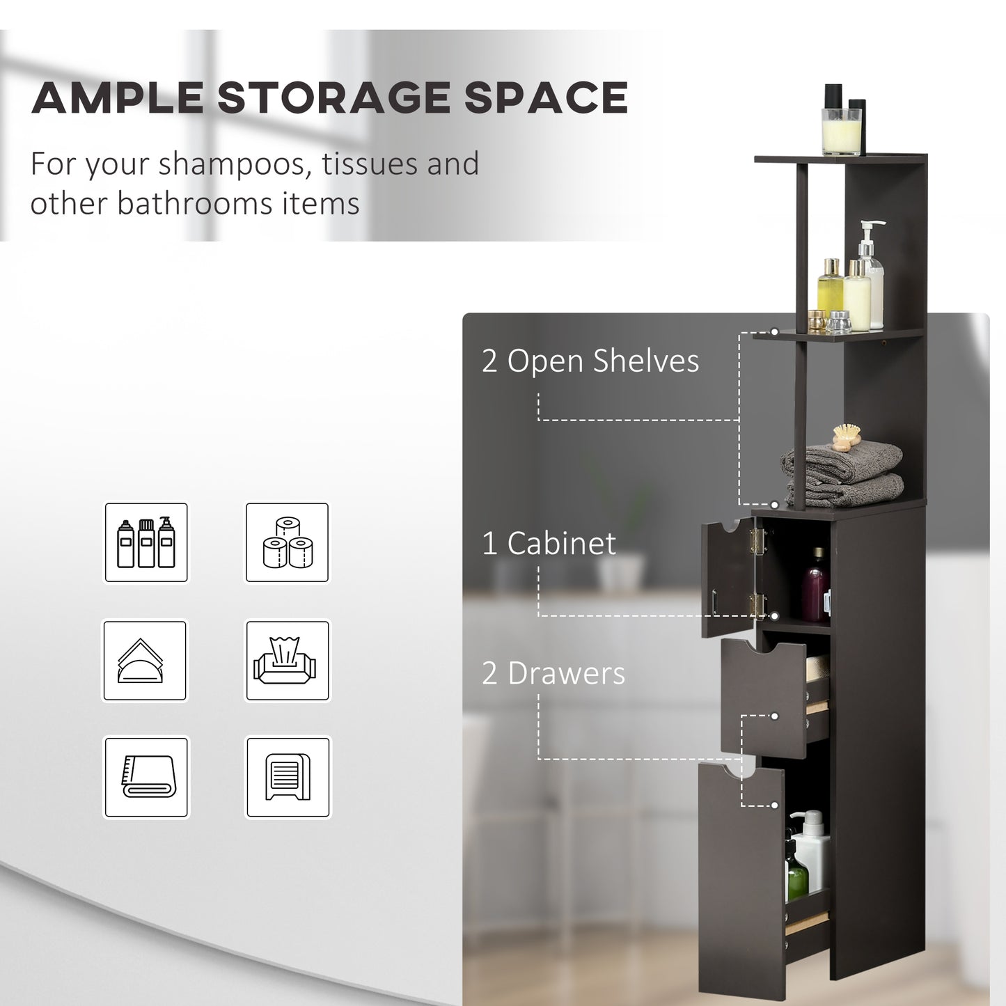 Tall Bathroom Storage Cabinet with Scrolled Cupboard Drawer and Open Shelves Space Saving Design