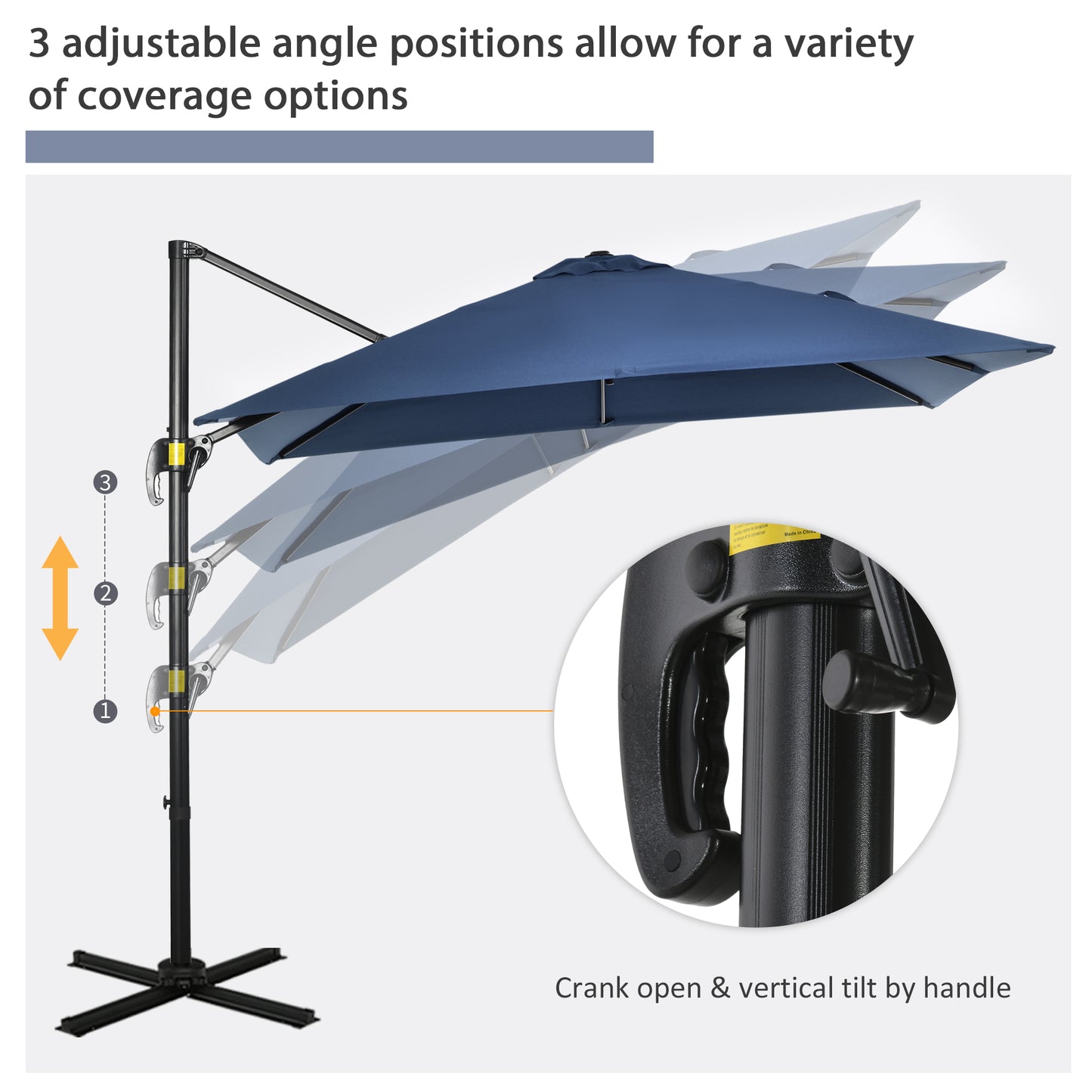 Outsunny 8' x 8' Square Patio Hanging Offset Umbrella with 360° Rotation, Aluminum Outdoor Cantilever Market Parasol with Crank & Tilt, Garden Sun Canopy Shelter with Cross Base, Dark Blue