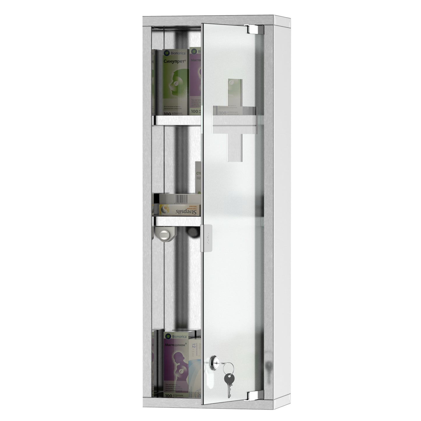 kleankin 22''x8'' 3 Tier Stainless Steel Medicine Cabinet Wall Mounted Frosted Door Lockable w/ 2 Keys First Aid Unit Home Safety Box Bathroom Kitchen