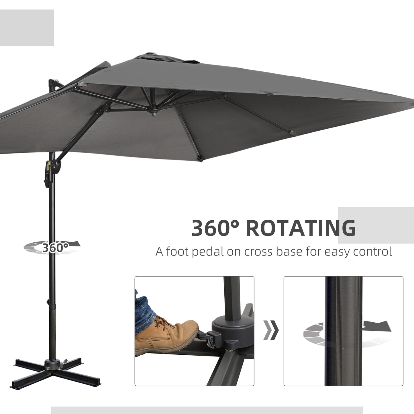 105" x 105" x 98" Cantilever Patio Umbrella, Square Overhanging Umbrella with Cross Base, Crank Handle, Tilt, 360° Rotation and Aluminum Frame, Dark Grey