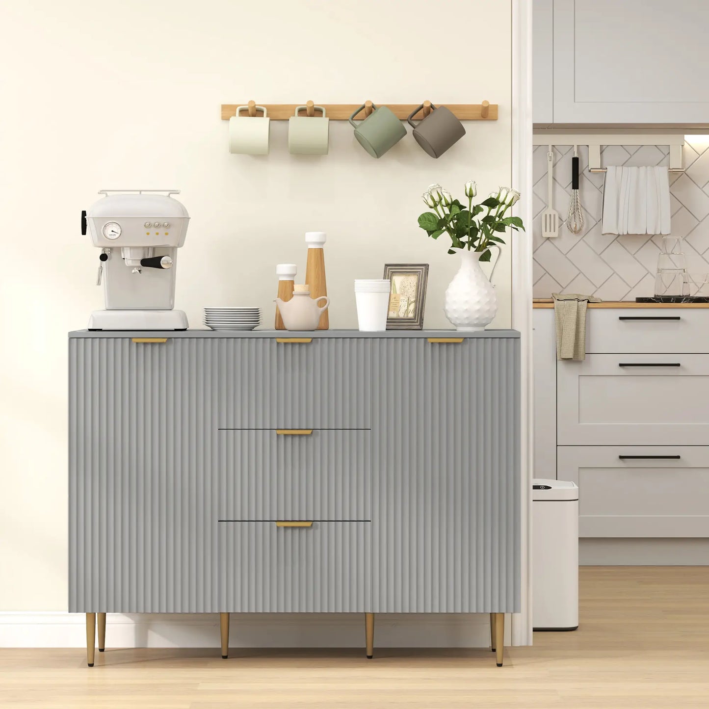 Sideboard Buffet Cabinet w/ 3 Drawers and Adjustable Shelves for Kitchen Hallway, Grey