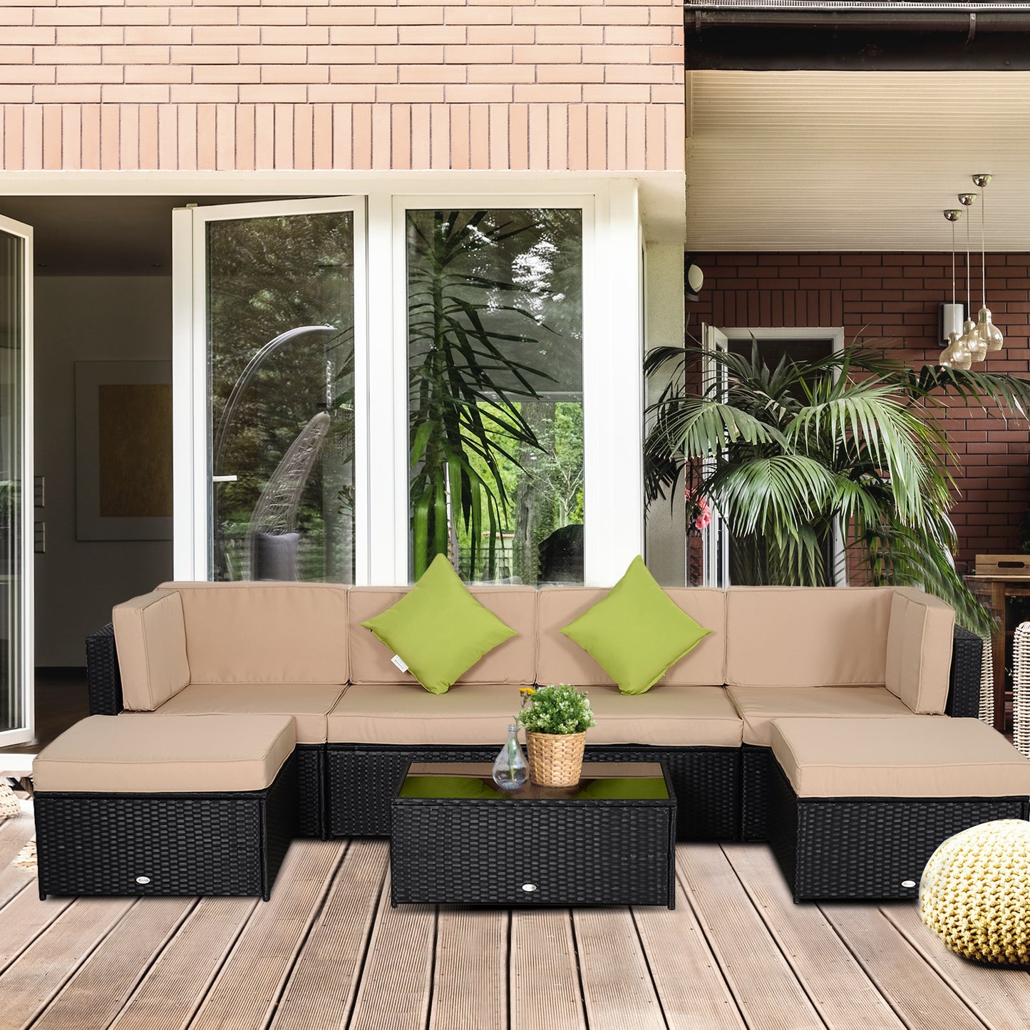 7pcs Wicker Rattan Sectional Set Outdoor Patio Sofa Table Footstools Set Garden Furniture with Cushions, Khaki