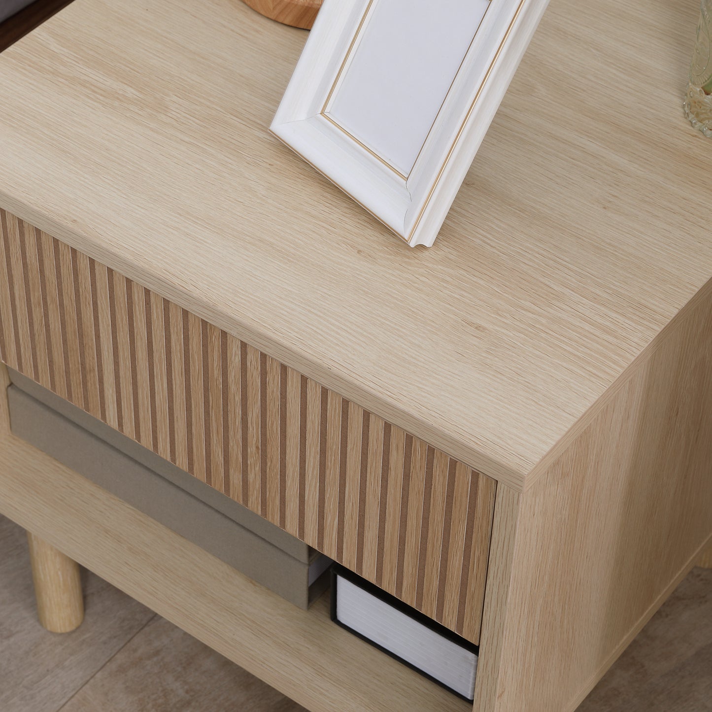 Modern Bedside Table with Drawer and Open Shelf, Sofa Side Table for Bedroom Living Room, Natural