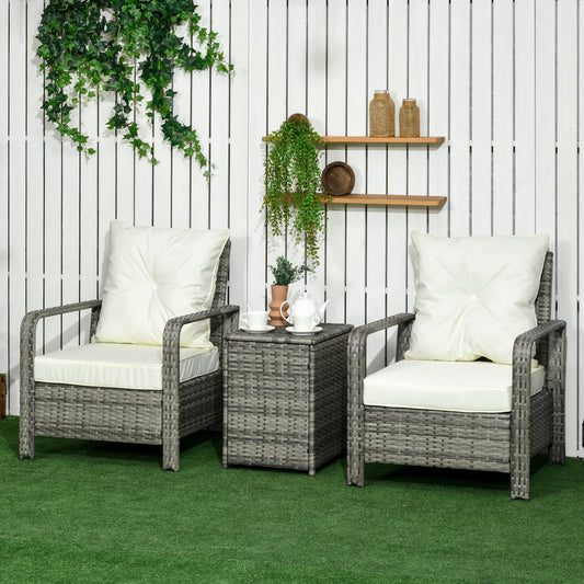 3 Pieces Patio Bistro Set, PE Rattan Garden Sofa Set with 2 Padded Chairs 1 Storage Table, Beige