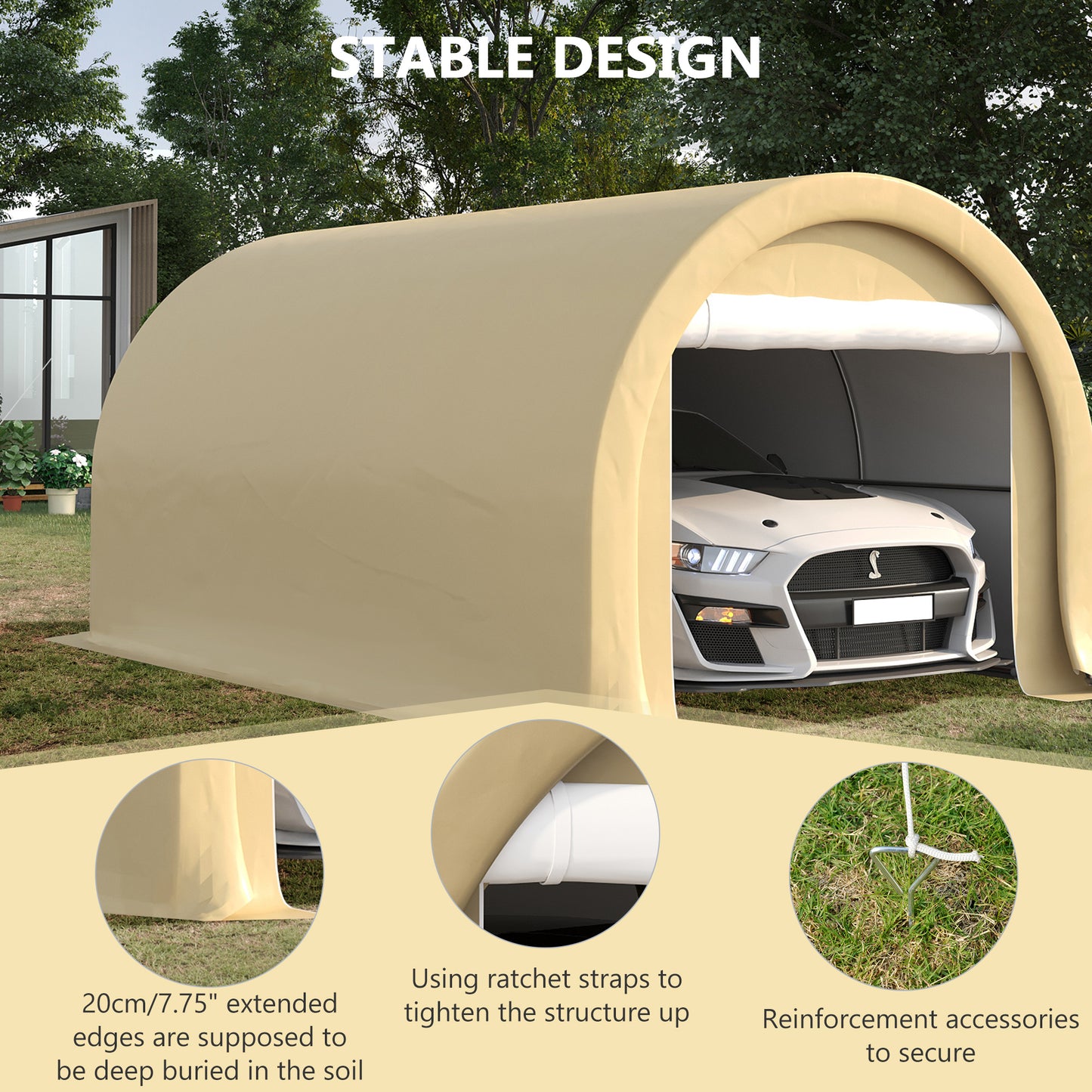 10' x 16' Heavy Duty Portable Carport Tent with Zippered Door, PE Cover for Car, Truck, Boat, Motorcycle, Bike, Beige