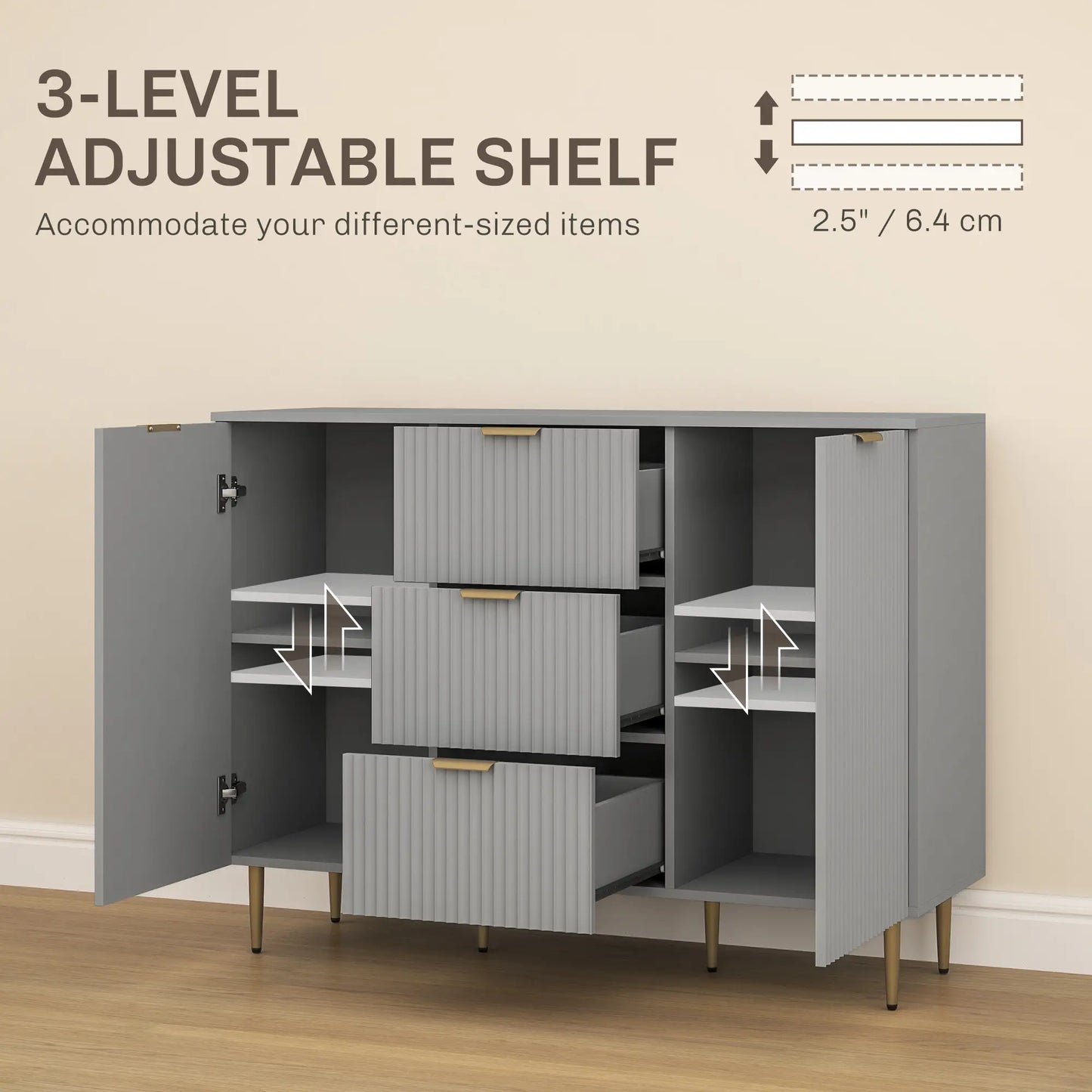 Sideboard Buffet Cabinet w/ 3 Drawers and Adjustable Shelves for Kitchen Hallway, Grey