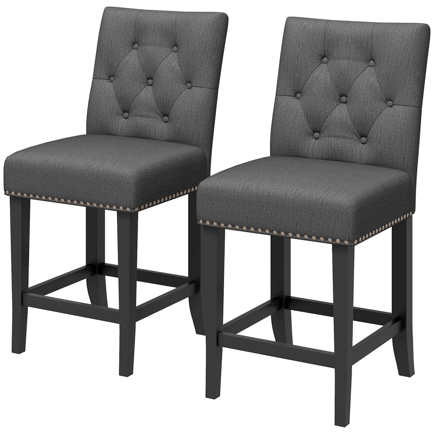 Dark Grey Fabric Bar Stool Set of 2, Seat Height  25.6", with Tufted Back & Wood Legs