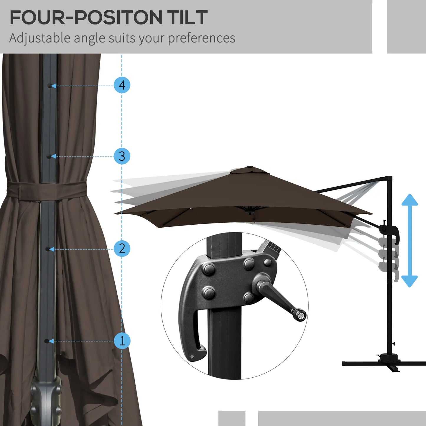 10x10ft Cantilever Umbrella, Rotatable Square Market Parasol, 4 Adjustable Angle for Outdoor Backyard Patio Coffee