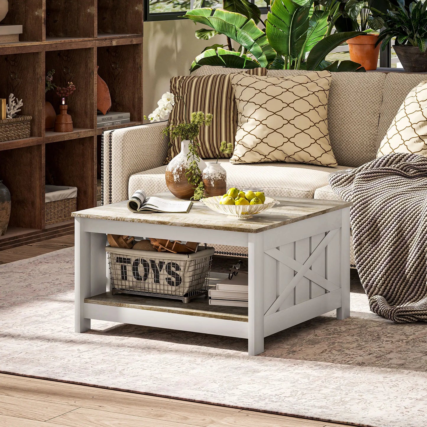 31.5" Square Coffee Table, Farmhouse 2-Tier Center Table Distressed Oak