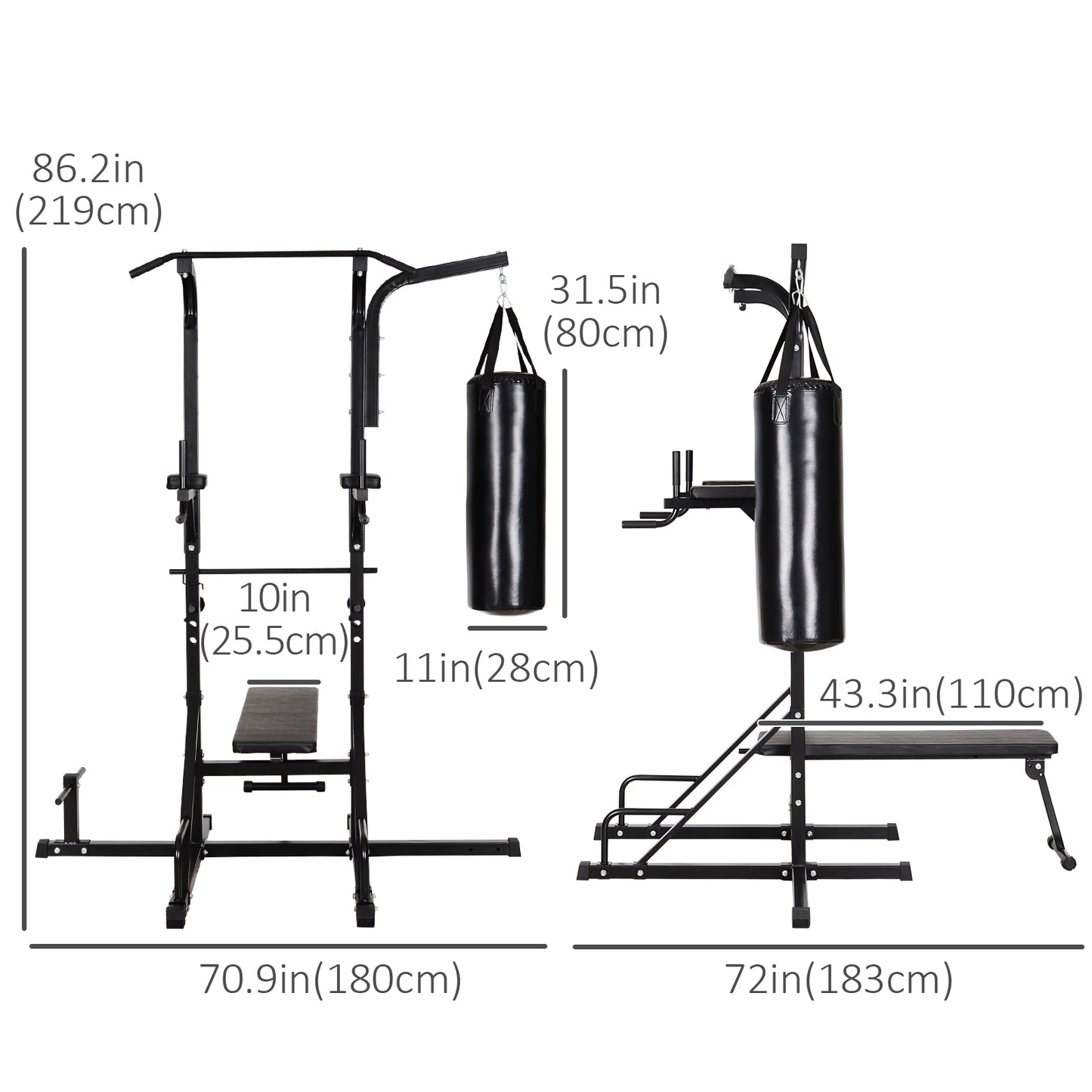 86" Power Tower Full Body Home Gym Fitness Station with Punching Bag Adjustable Sit Up Bench