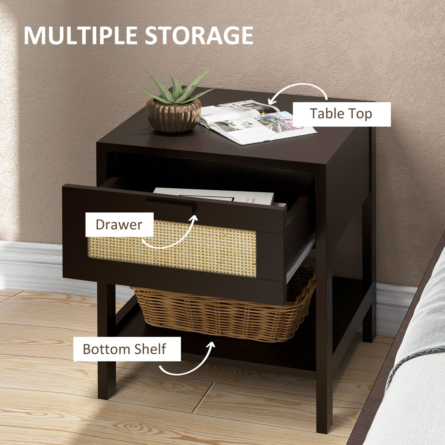 Modern Bedside Table, Accent Nightstand with Drawer and Open Shelf, Bed End Table for Bedroom, Living Room, Black