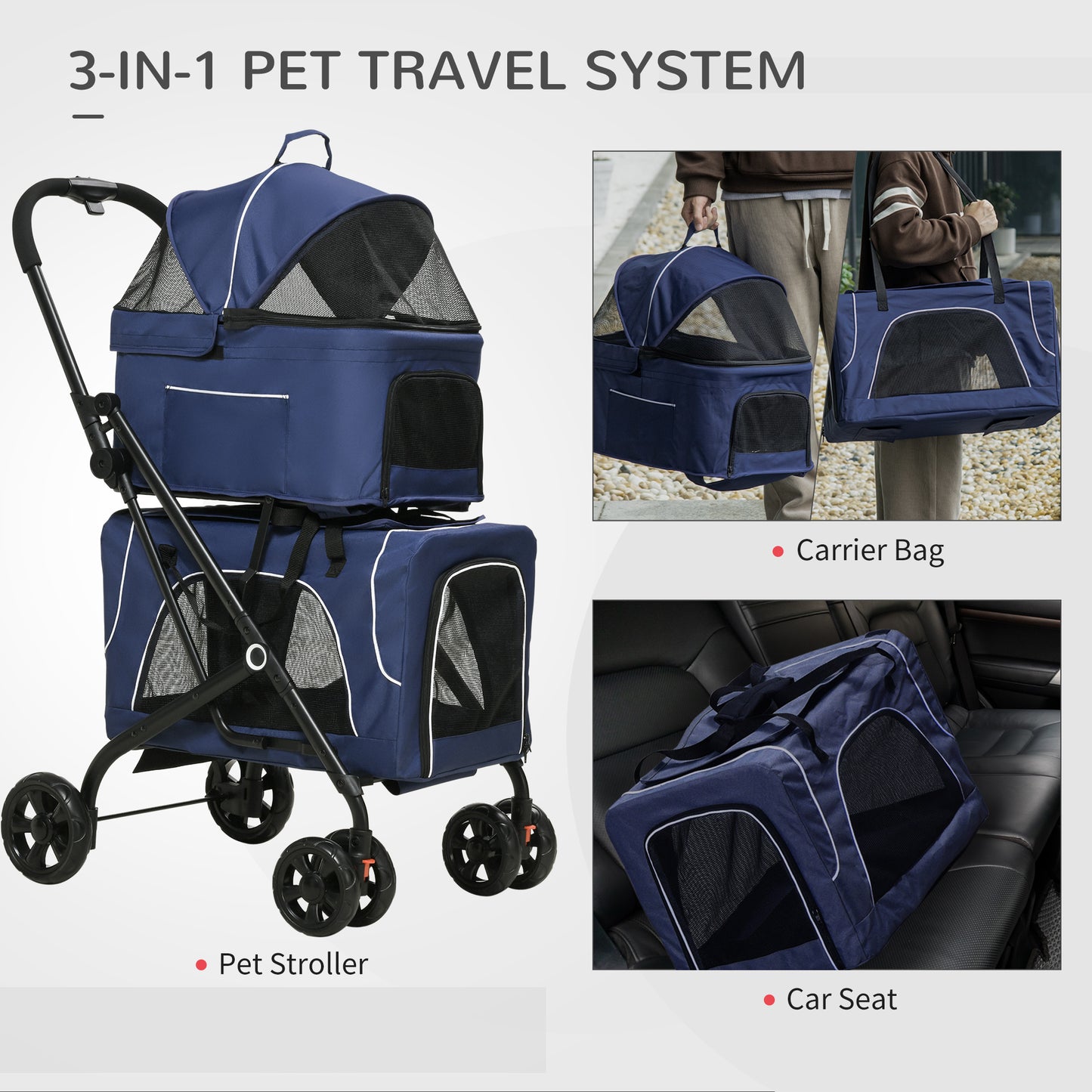 3-in-1 Double Pet Stroller for Small Miniature Dogs Cats with Removable Carrier, Foldable Travel Carrier Bag, Car Seat, Blue