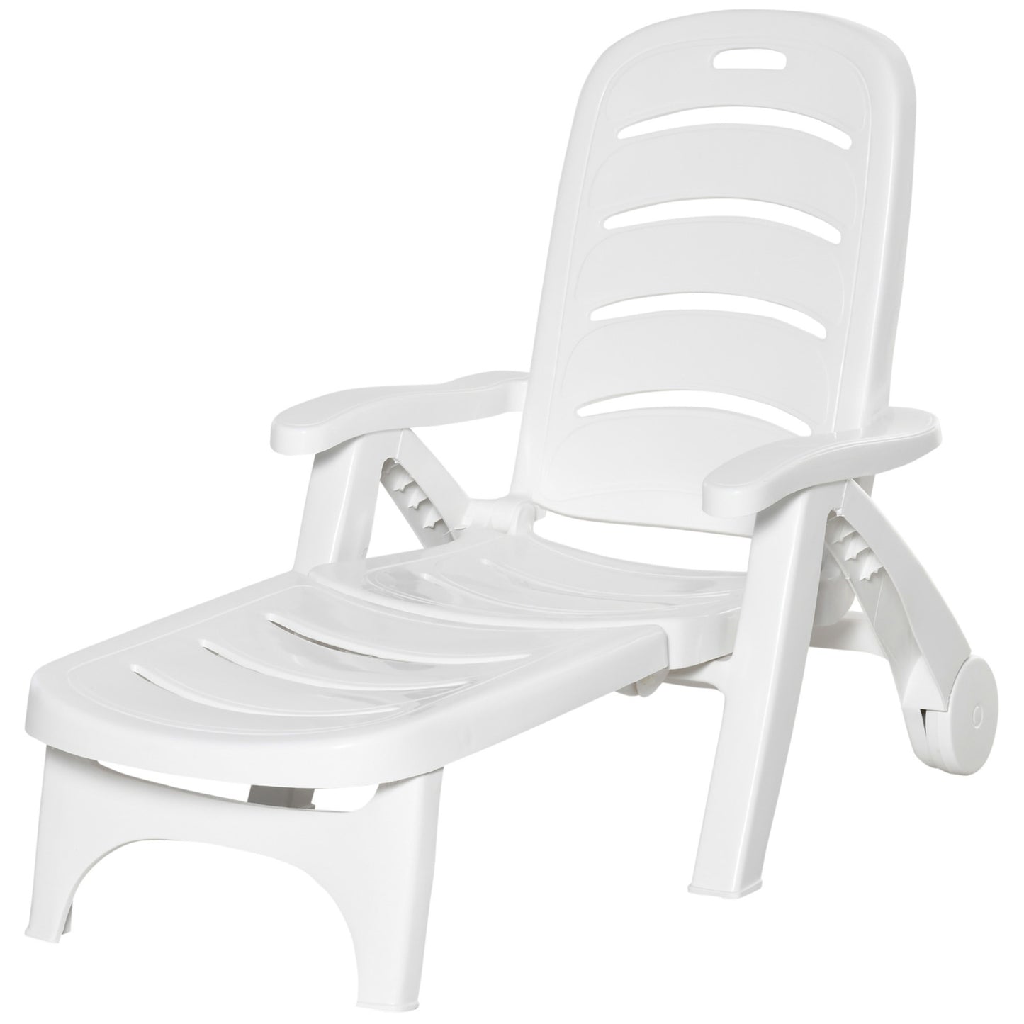 Outdoor Folding Chaise Lounge Chair with Wheels, 5 Level Adjustable Backrest for Pool, Beach, Patio, Garden, White