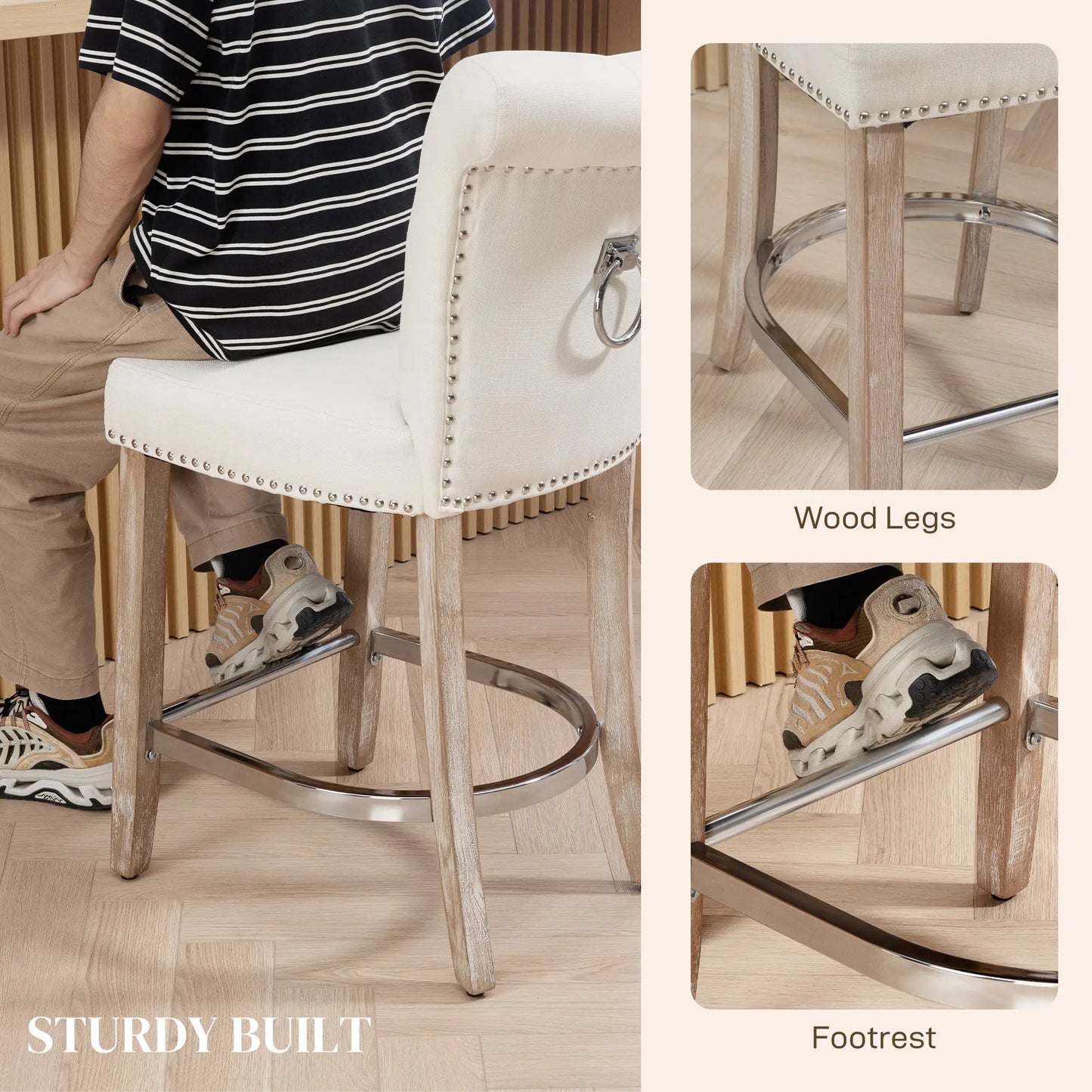 Bar Stools Set of 2, Upholstered Counter Height Stools with Button Tufted Back, Wood Legs and Footrest, in Cream White