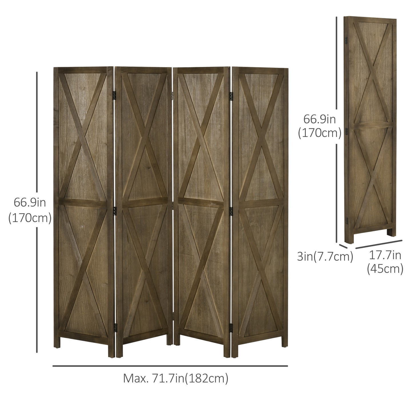 4-panel Farmhouse Room Separator with Foldable Design Wooden Frame 5.6FT, Brown